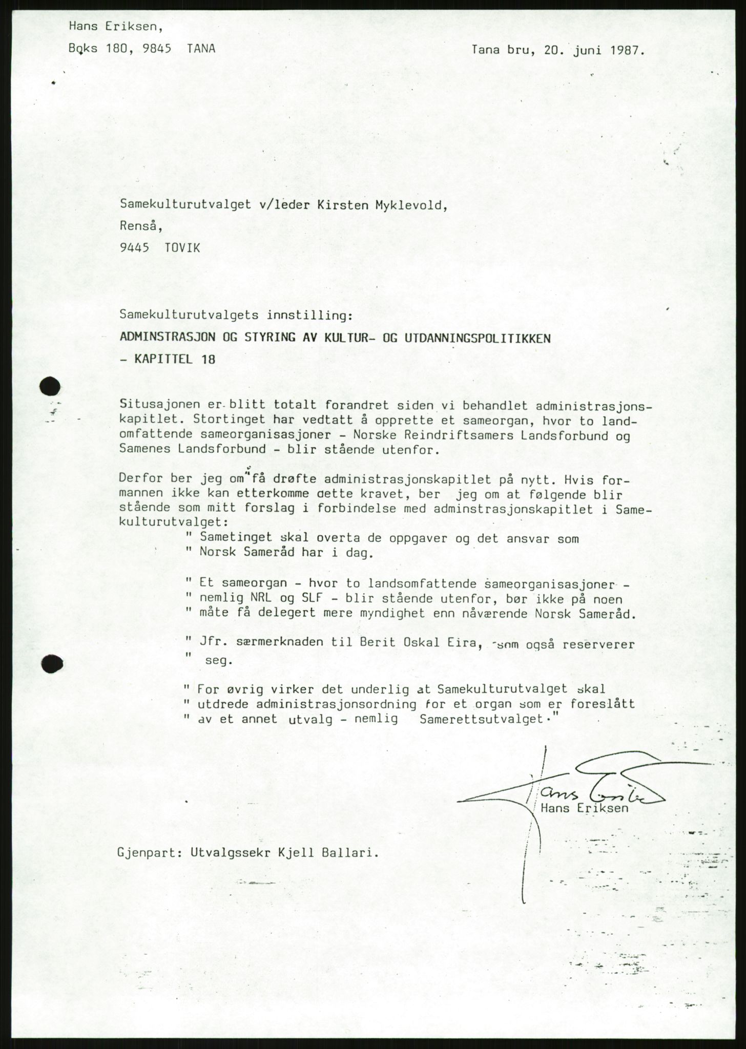 Kirke- og undervisningsdepartementet, Samekulturutvalget, AV/RA-S-2905/D/L0002: Utgående brev. Register til disse, 1981-1987, s. 7