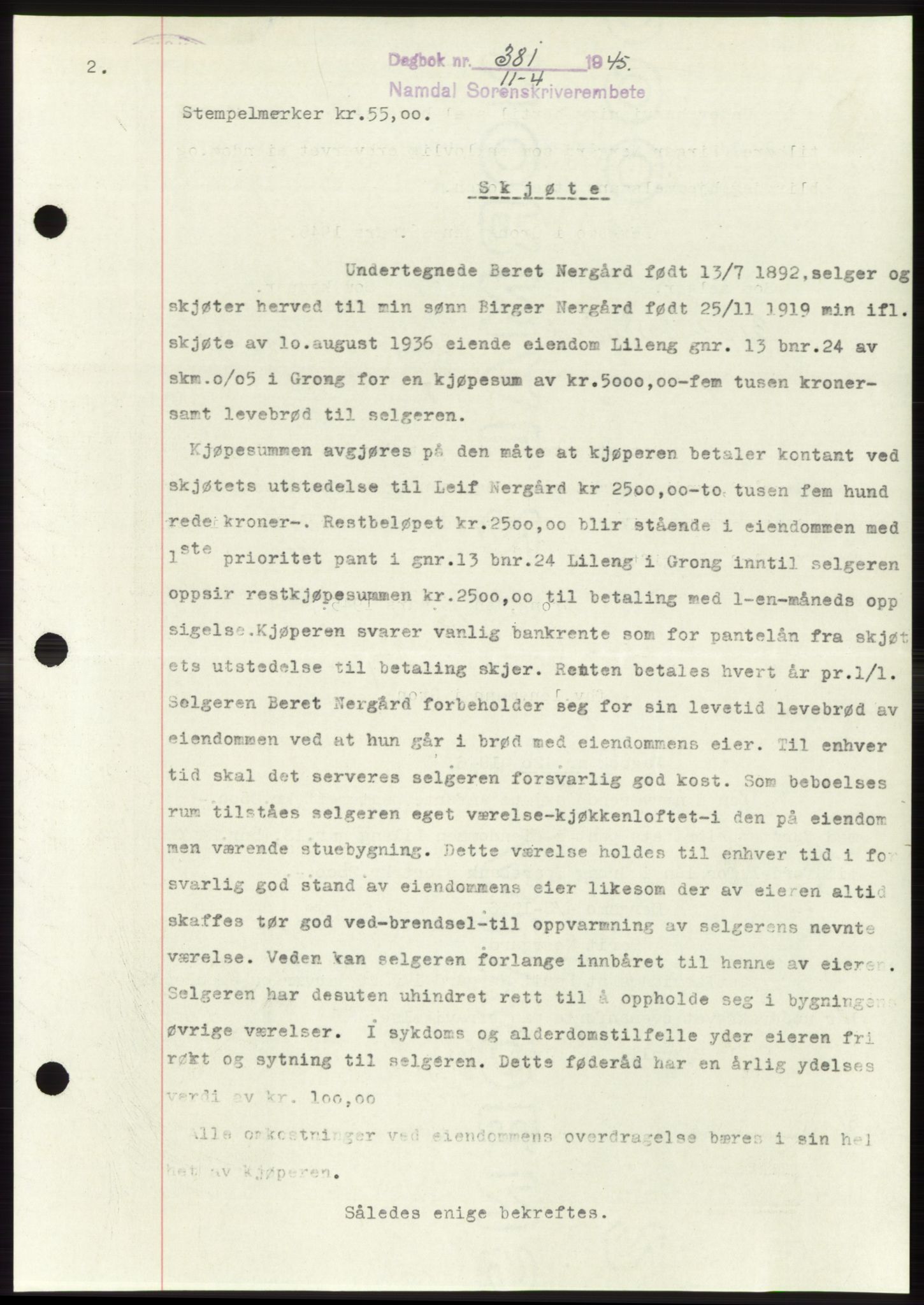 Namdal sorenskriveri, SAT/A-4133/1/2/2C: Pantebok nr. -, 1944-1945, Dagboknr: 381/1945