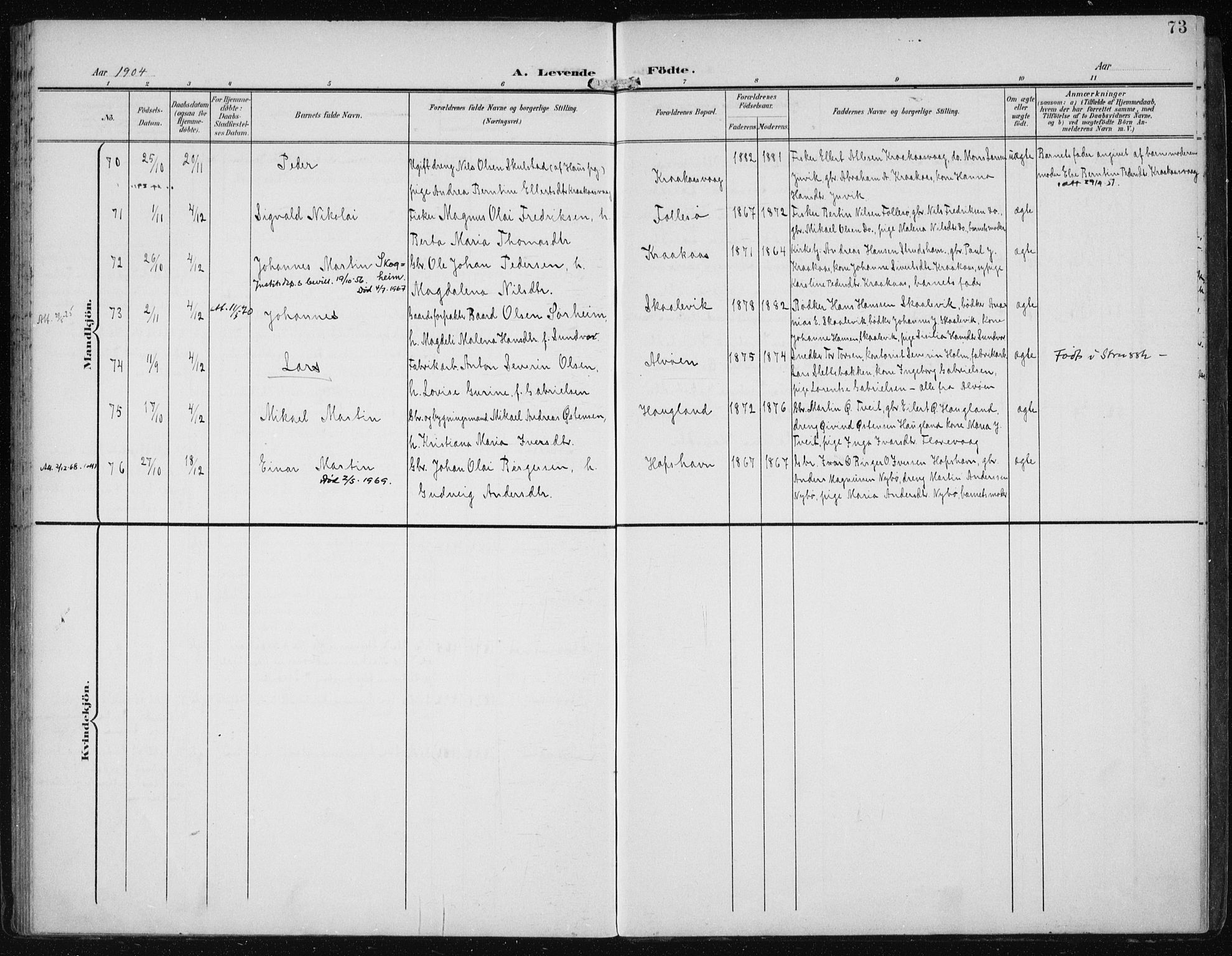 Askøy Sokneprestembete, AV/SAB-A-74101/H/Ha/Haa/Haac/L0001: Ministerialbok nr. C 1, 1899-1905, s. 73