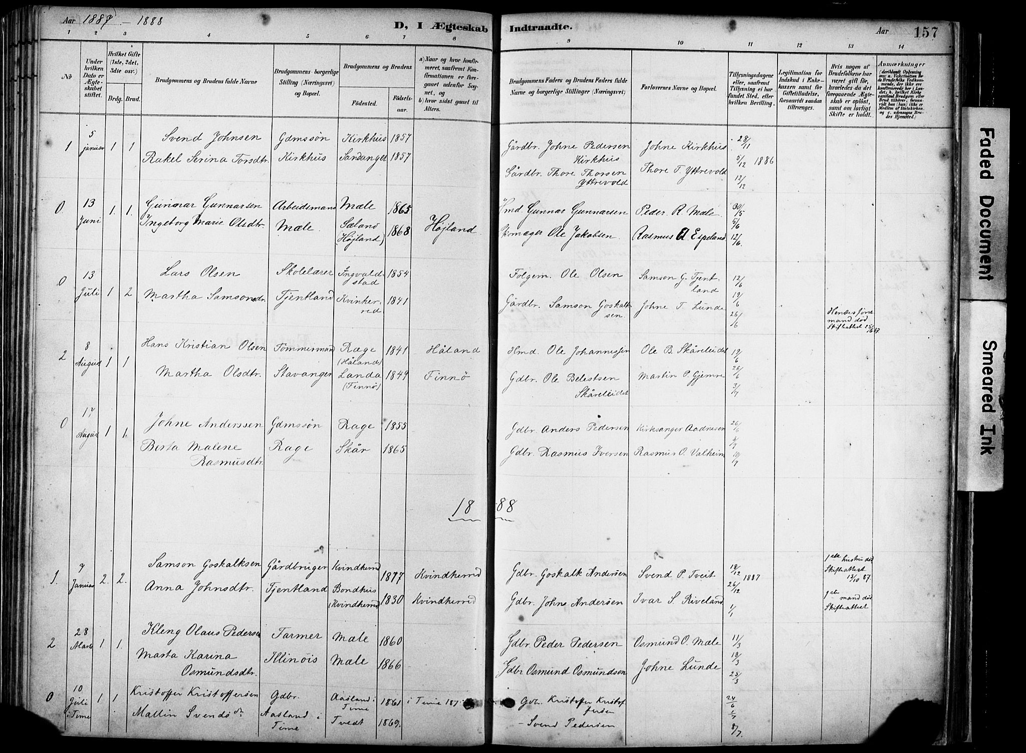 Hjelmeland sokneprestkontor, AV/SAST-A-101843/02/A/L0001: Ministerialbok nr. A 16, 1887-1926, s. 157