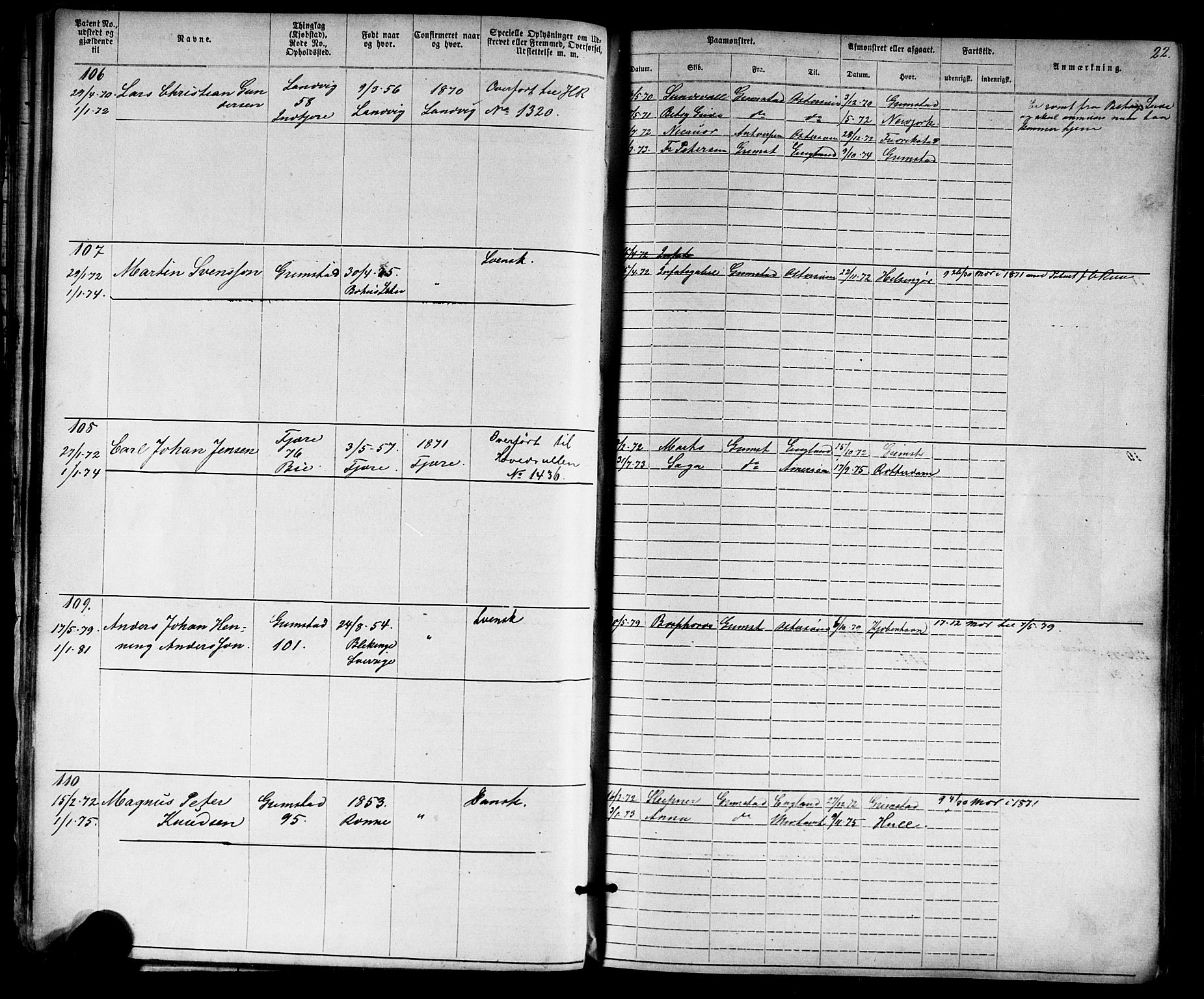 Grimstad mønstringskrets, AV/SAK-2031-0013/F/Fa/L0005: Annotasjonsrulle nr 1-1910 med register, V-18, 1870-1892, s. 45