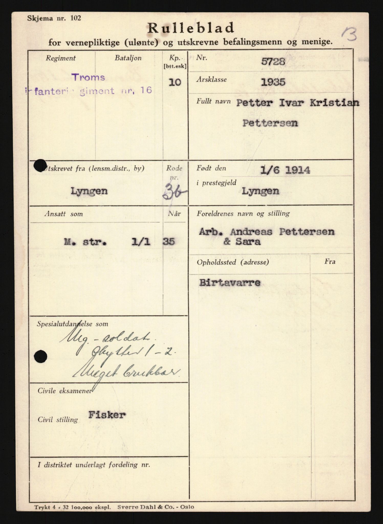 Forsvaret, Troms infanteriregiment nr. 16, AV/RA-RAFA-3146/P/Pa/L0019: Rulleblad for regimentets menige mannskaper, årsklasse 1935, 1935, s. 1051