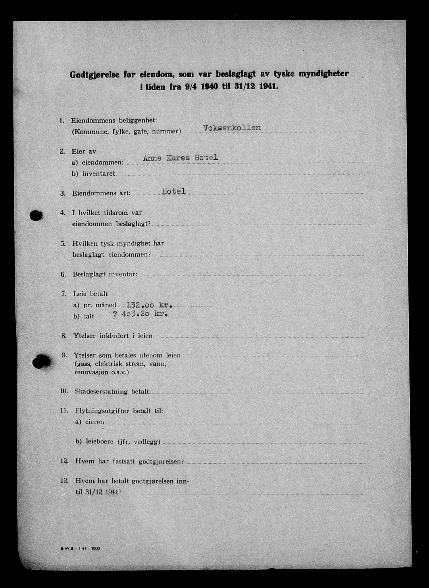 Justisdepartementet, Tilbakeføringskontoret for inndratte formuer, RA/S-1564/I/L1010: Godtgjørelse for beslaglagt eiendom, 1940-1941, s. 27