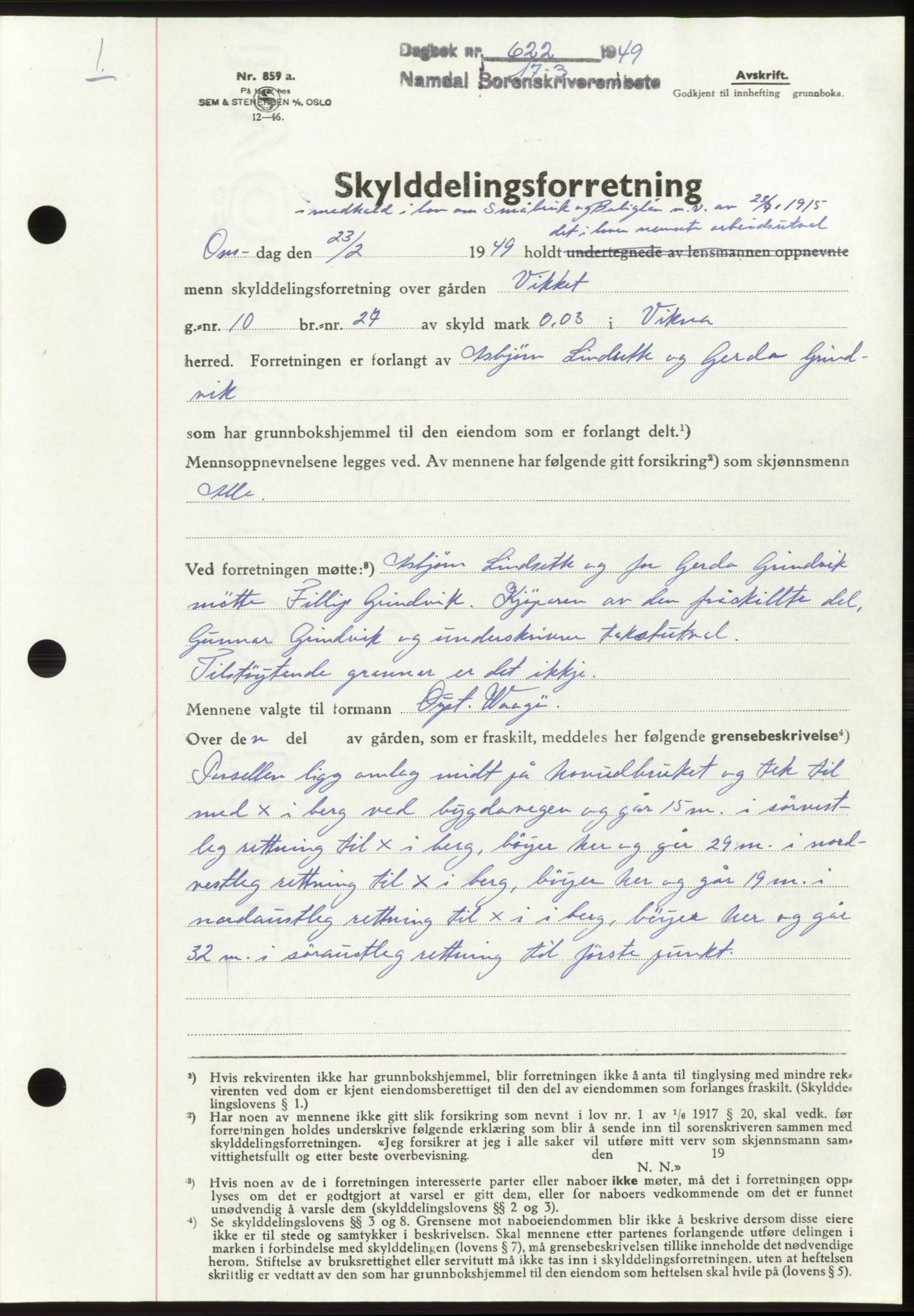 Namdal sorenskriveri, SAT/A-4133/1/2/2C: Pantebok nr. -, 1949-1949, Dagboknr: 622/1949