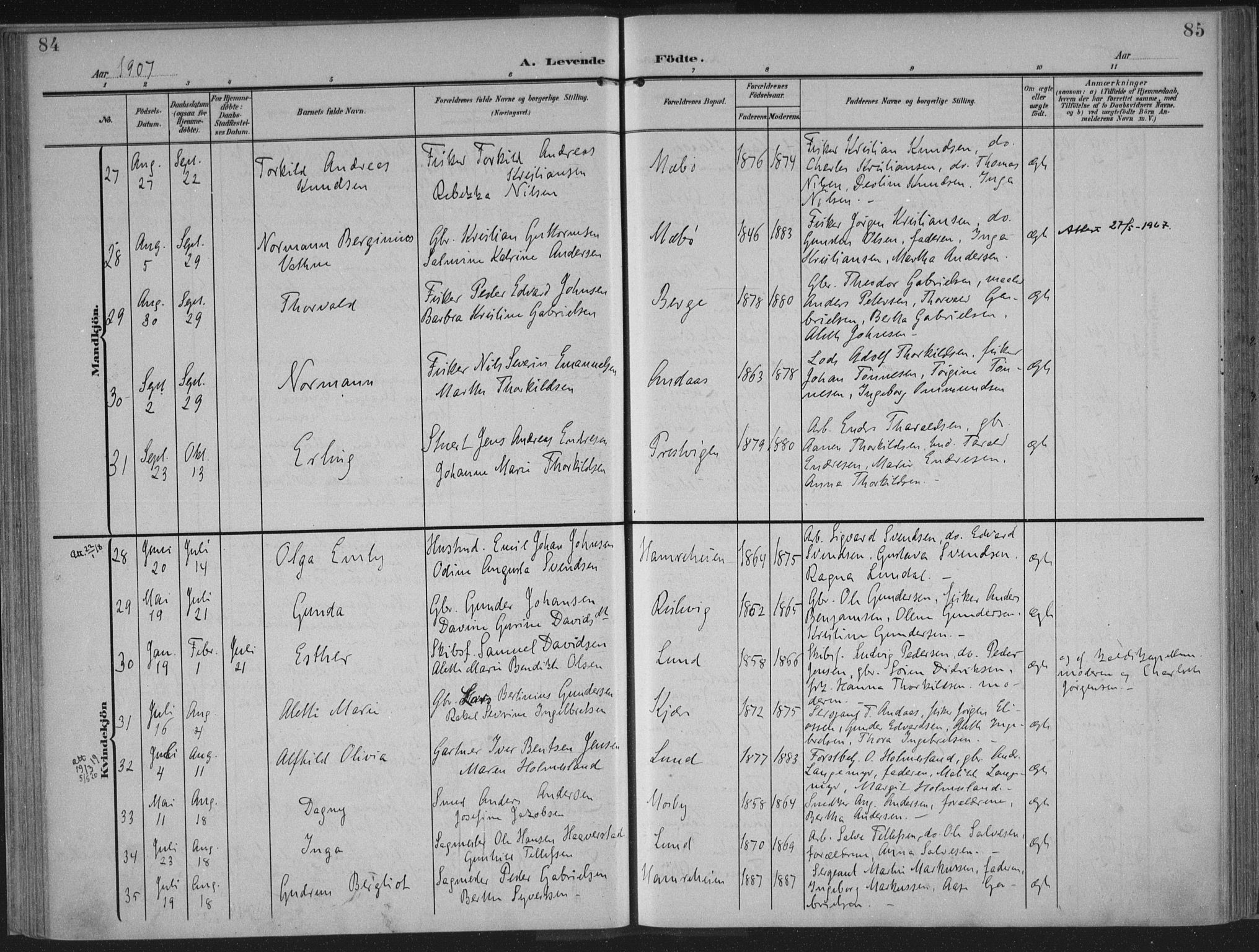 Oddernes sokneprestkontor, AV/SAK-1111-0033/F/Fa/Faa/L0011: Ministerialbok nr. A 11, 1904-1911, s. 84-85