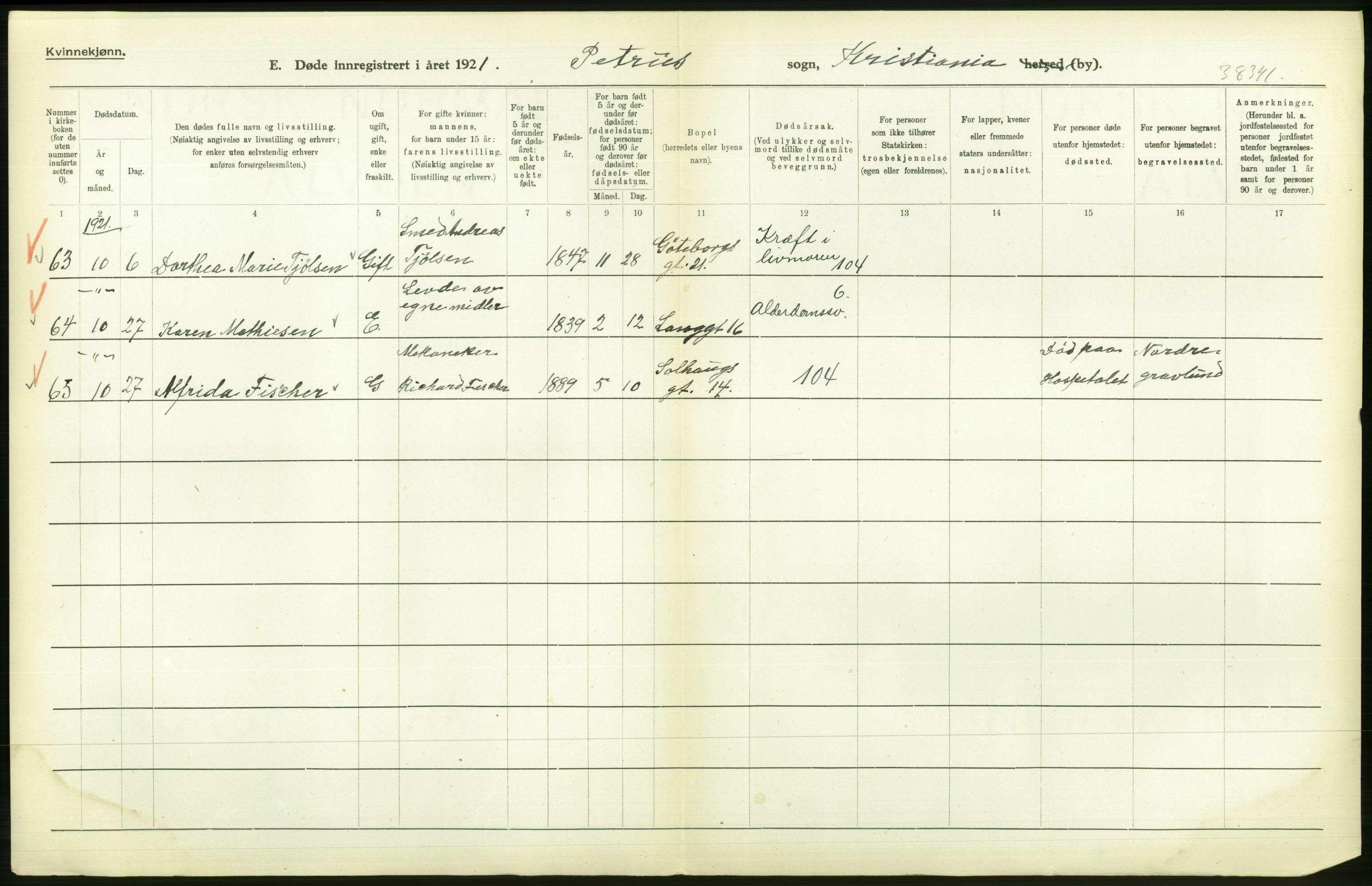 Statistisk sentralbyrå, Sosiodemografiske emner, Befolkning, AV/RA-S-2228/D/Df/Dfc/Dfca/L0012: Kristiania: Døde, 1921, s. 278