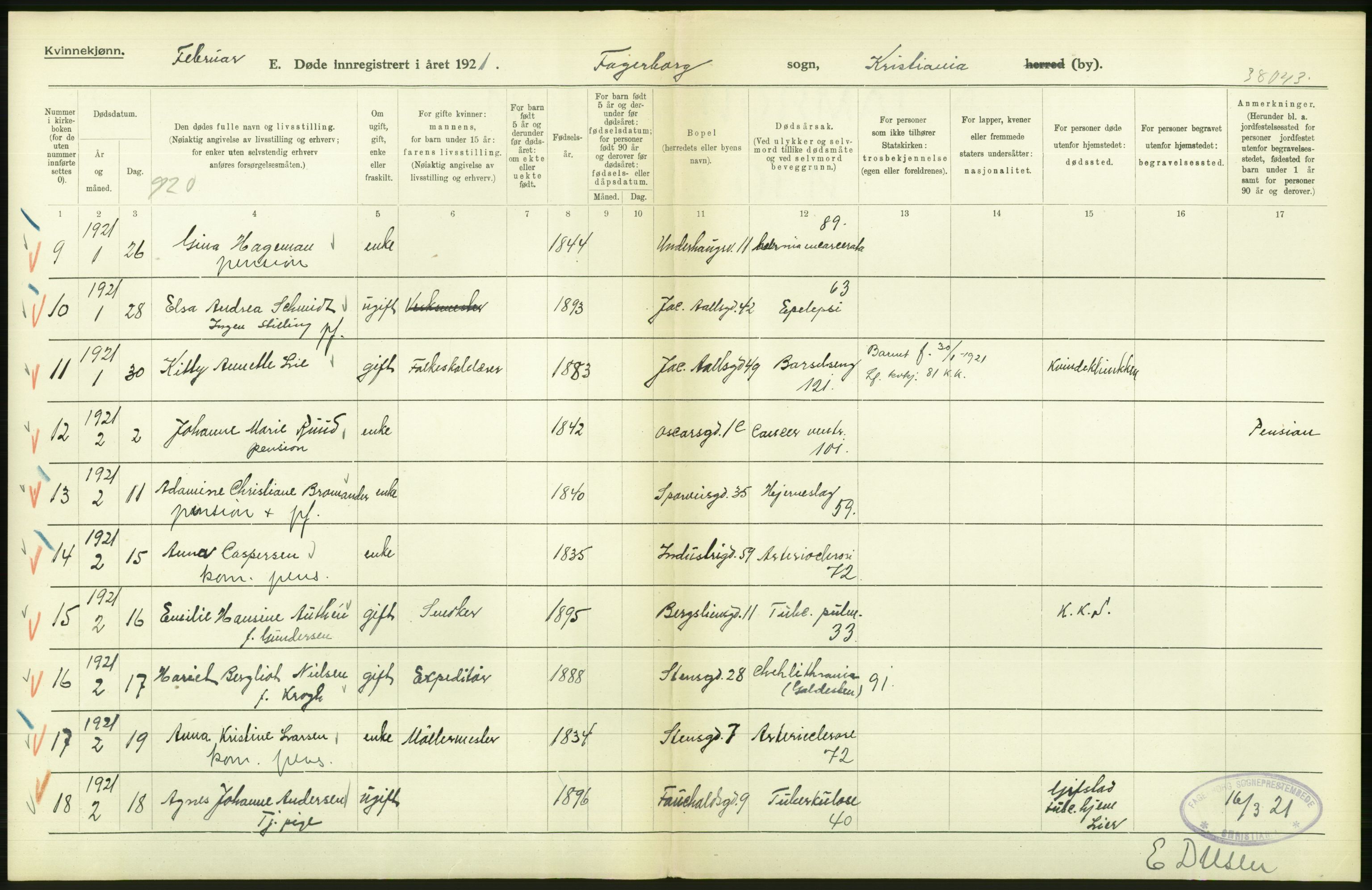 Statistisk sentralbyrå, Sosiodemografiske emner, Befolkning, AV/RA-S-2228/D/Df/Dfc/Dfca/L0012: Kristiania: Døde, 1921, s. 316