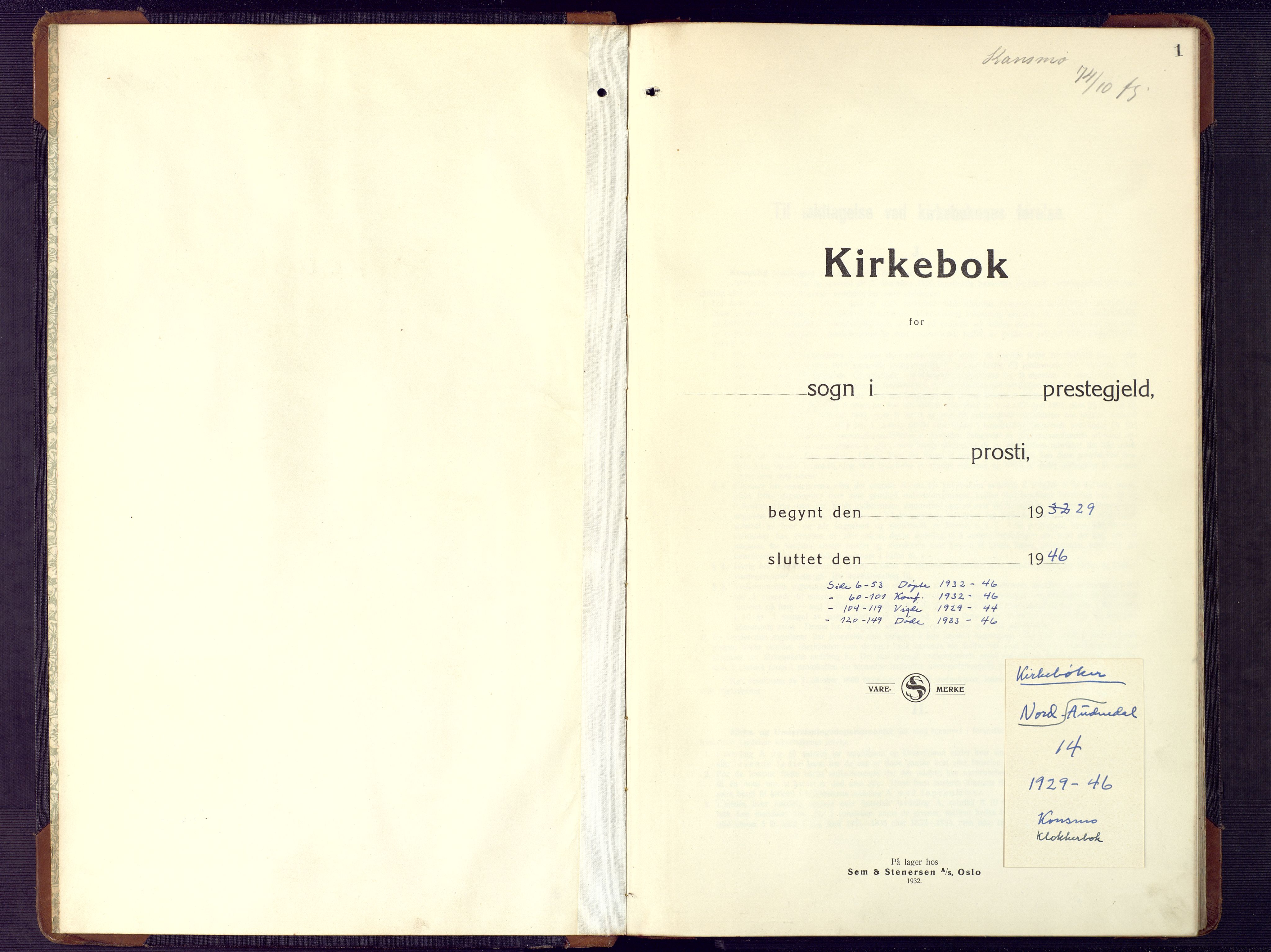 Nord-Audnedal sokneprestkontor, AV/SAK-1111-0032/F/Fb/Fba/L0006: Klokkerbok nr. B 6, 1929-1946, s. 1