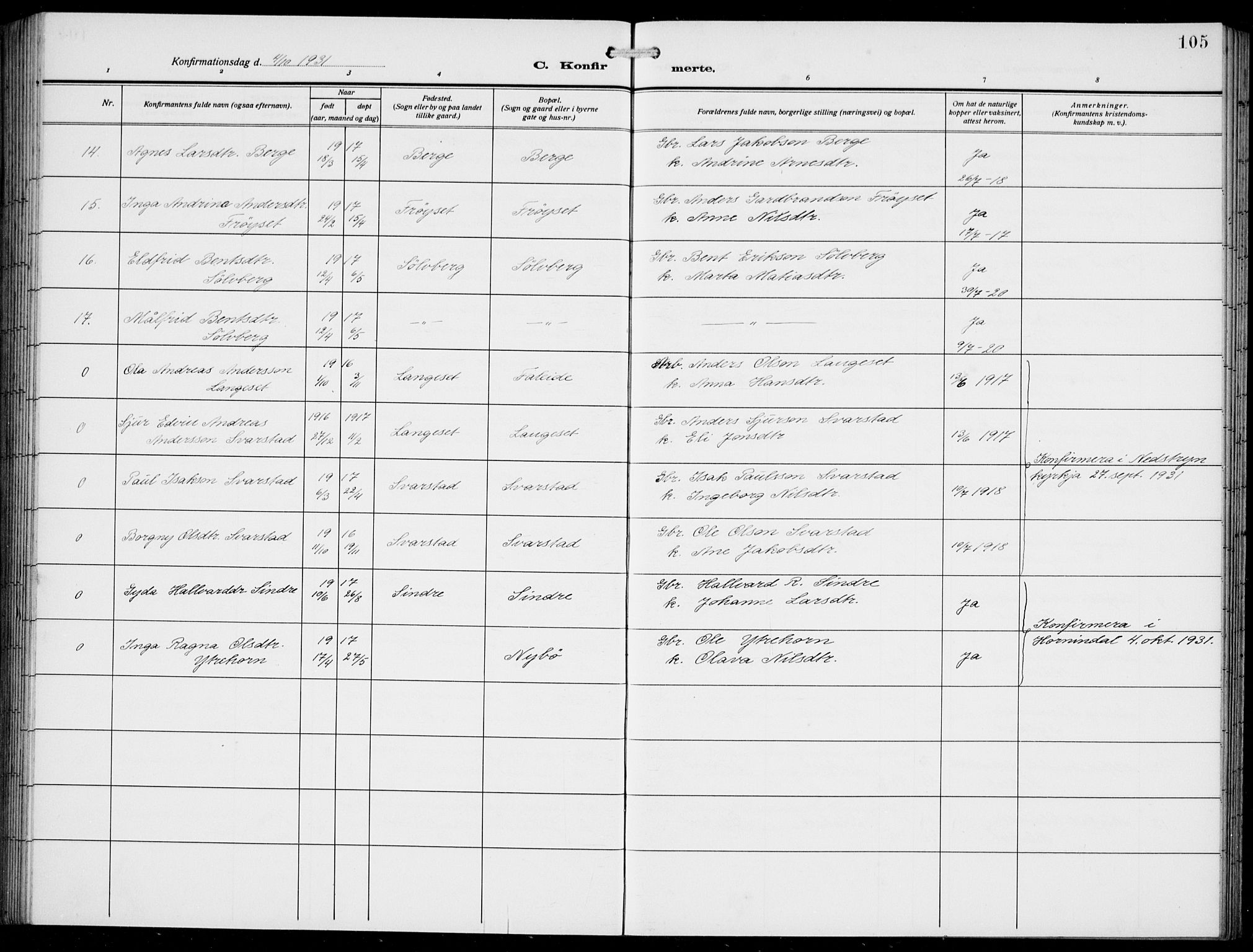 Innvik sokneprestembete, AV/SAB-A-80501: Klokkerbok nr. A 4, 1913-1936, s. 105