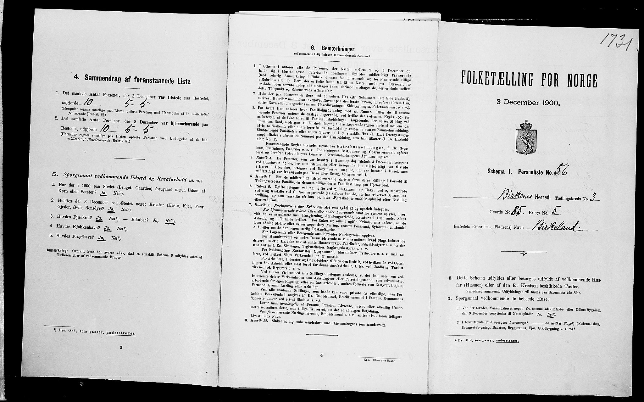 SAK, Folketelling 1900 for 0928 Birkenes herred, 1900, s. 398