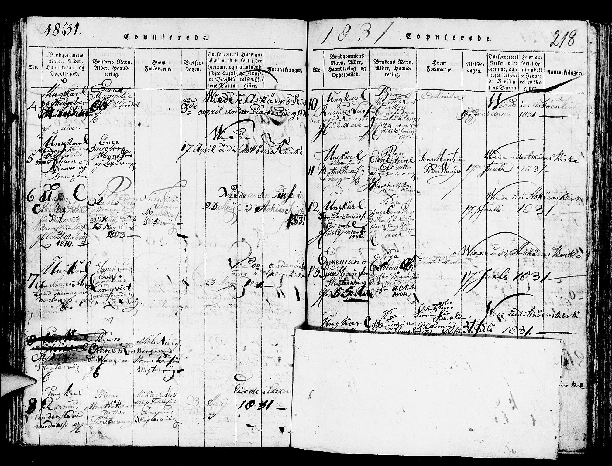 Askøy Sokneprestembete, SAB/A-74101/H/Ha/Hab/Haba/L0002: Klokkerbok nr. A 2, 1815-1846, s. 218