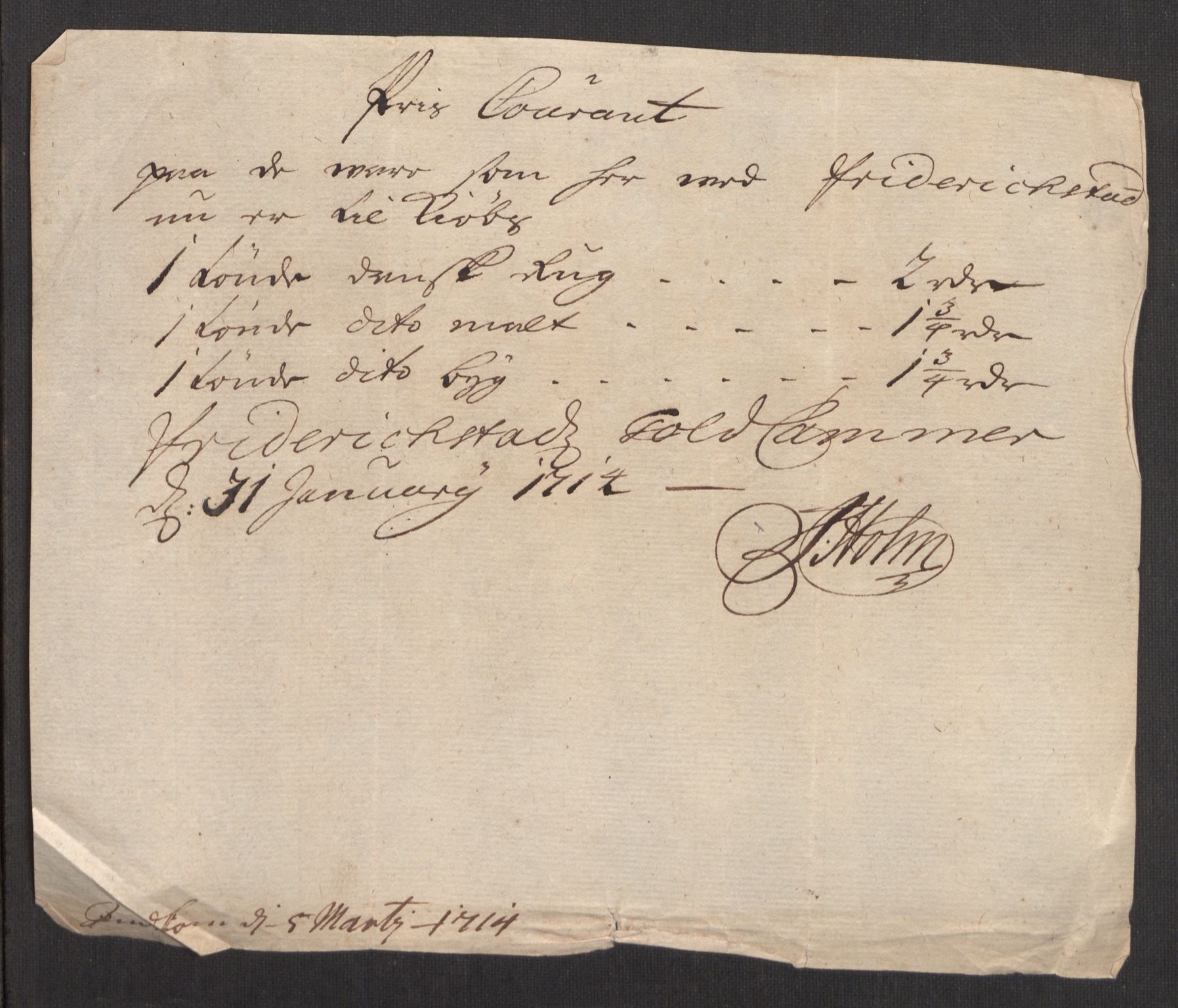 Rentekammeret inntil 1814, Realistisk ordnet avdeling, AV/RA-EA-4070/Oe/L0001: [Ø1]: Priskuranter, 1712-1739, s. 33