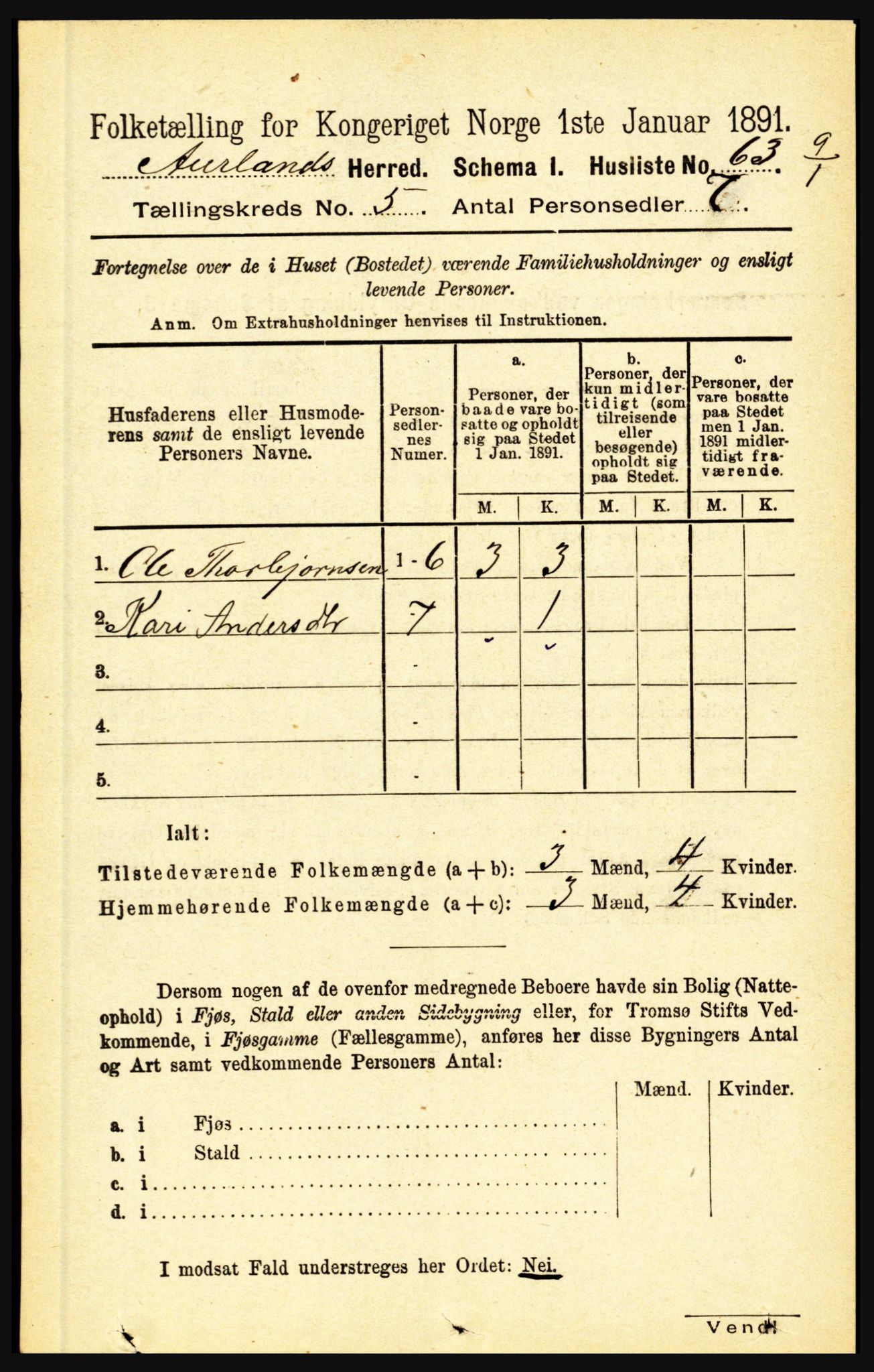 RA, Folketelling 1891 for 1421 Aurland herred, 1891, s. 1771