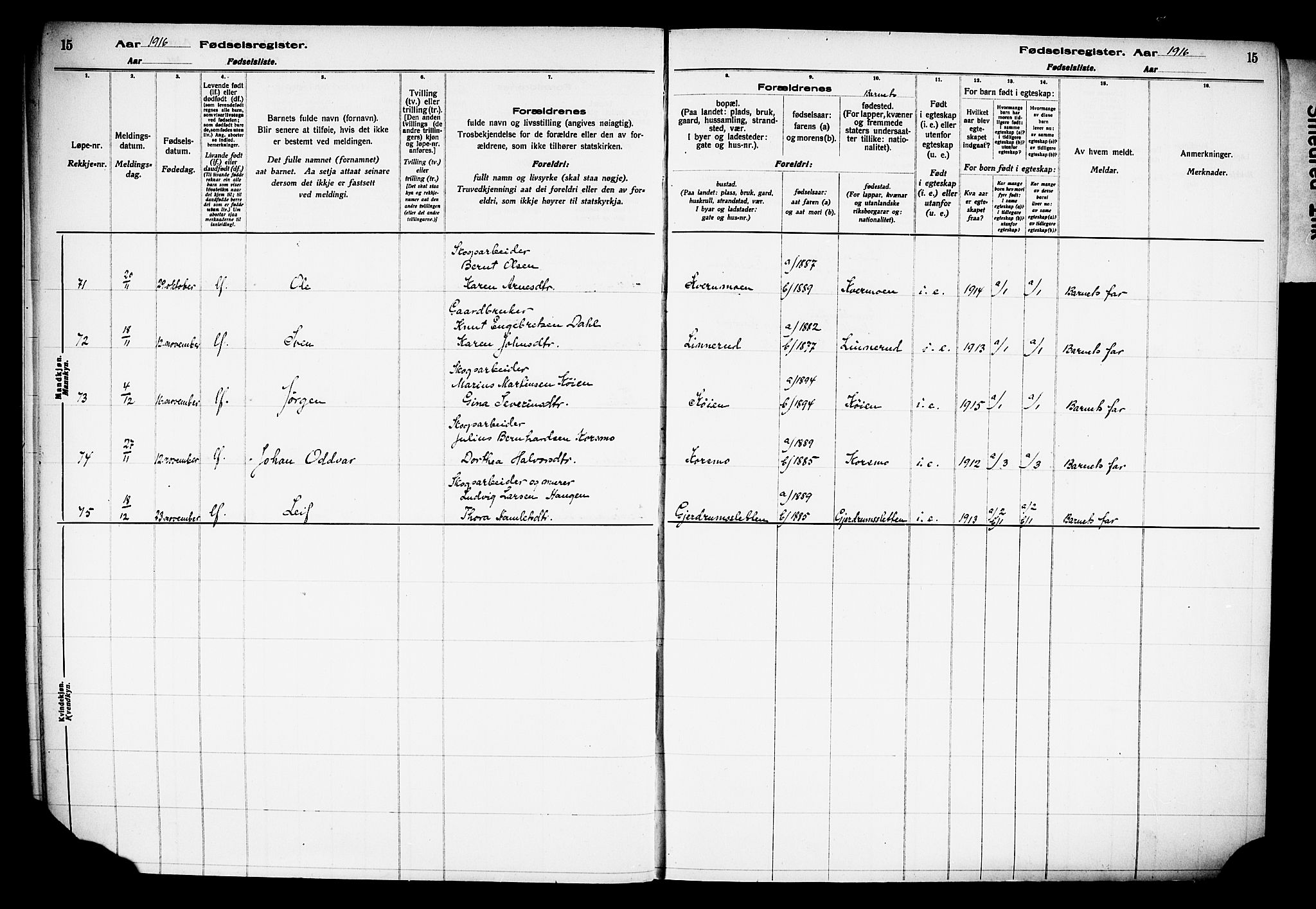 Våler prestekontor, Hedmark, AV/SAH-PREST-040/I/Id/L0001: Fødselsregister nr. 1, 1916-1930, s. 15