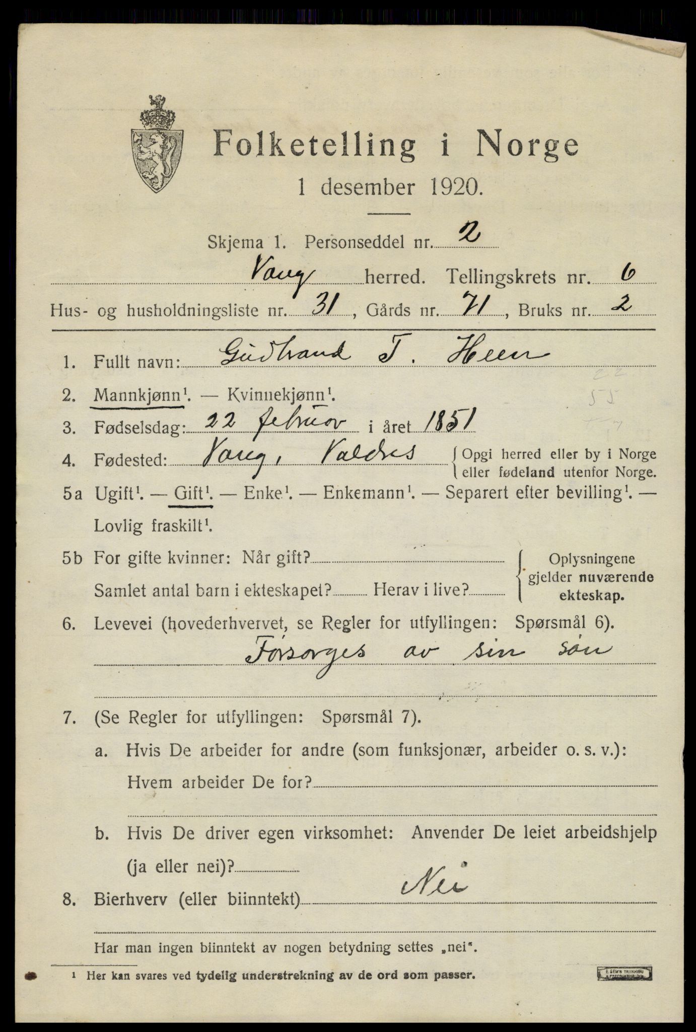 SAH, Folketelling 1920 for 0545 Vang herred, 1920, s. 3077