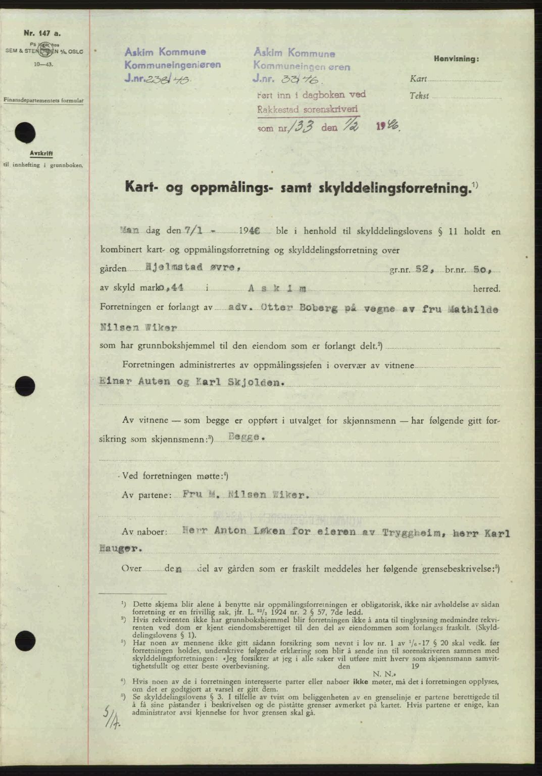 Rakkestad sorenskriveri, AV/SAO-A-10686/G/Gb/Gba/Gbab/L0012a: Pantebok nr. A12 I, 1945-1946, Dagboknr: 133/1946