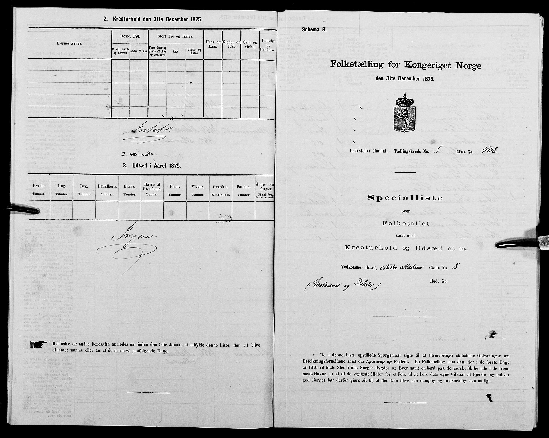 SAK, Folketelling 1875 for 1002B Mandal prestegjeld, Mandal ladested, 1875, s. 857