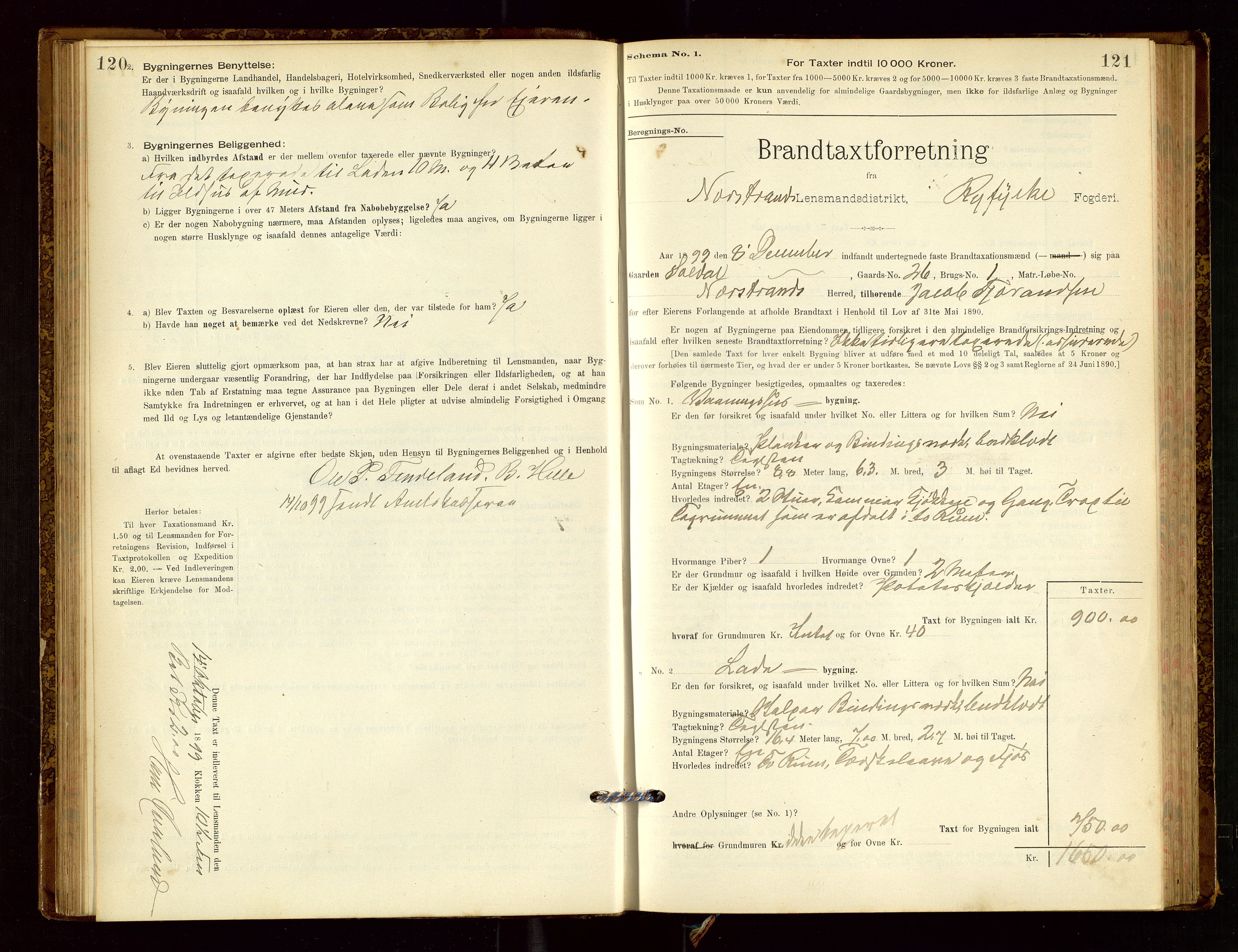 Nedstrand lensmannskontor, AV/SAST-A-100236/Gob/L0001: "Brandtaxationsprotokol for Nerstrand Lensmandsdistrikt Ryfylke fogderi", 1895-1915, s. 120-121