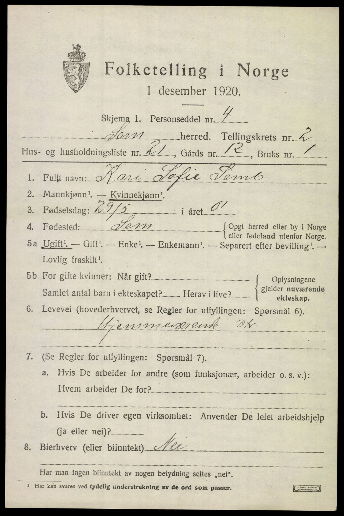 SAKO, Folketelling 1920 for 0721 Sem herred, 1920, s. 5475