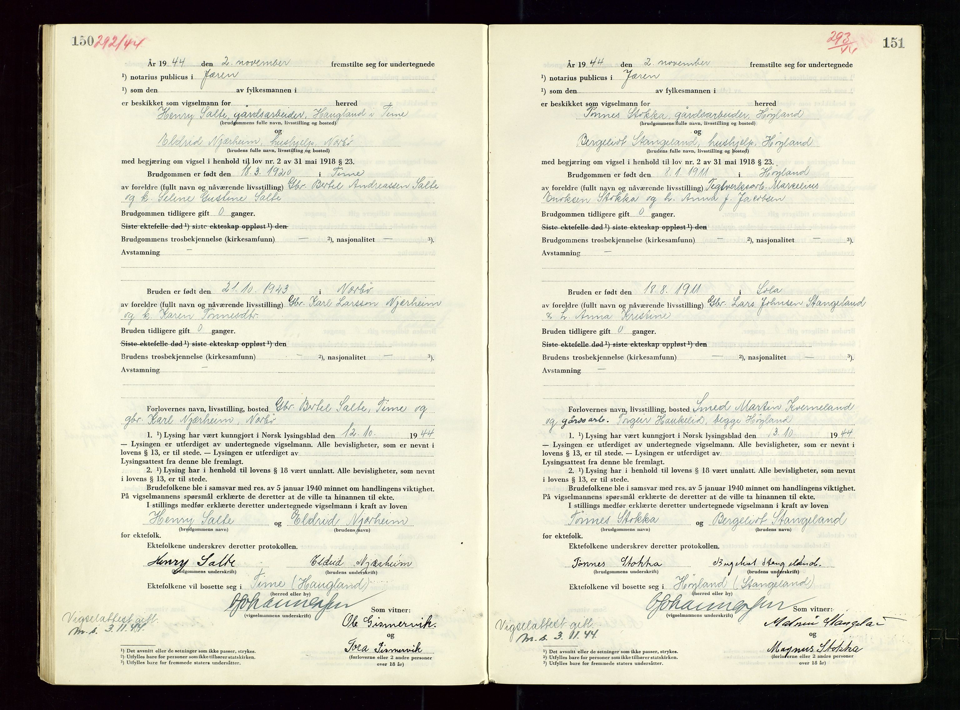 Jæren sorenskriveri, AV/SAST-A-100310/01/6/62/62BA/L0007: VIGSELSPROTOKOLL, 1944, s. 150-151