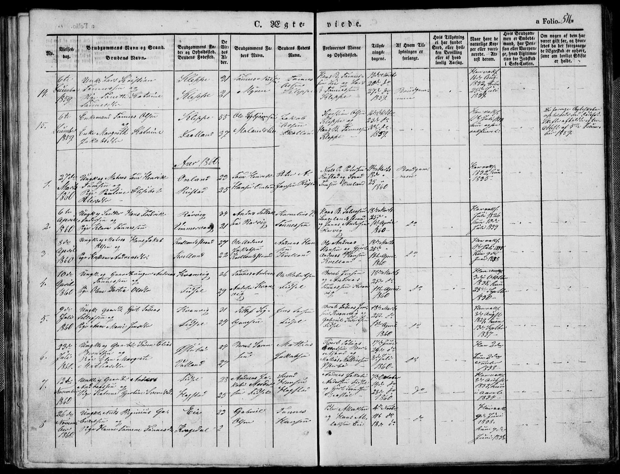 Flekkefjord sokneprestkontor, AV/SAK-1111-0012/F/Fb/Fbb/L0002: Klokkerbok nr. B 2b, 1831-1866, s. 516