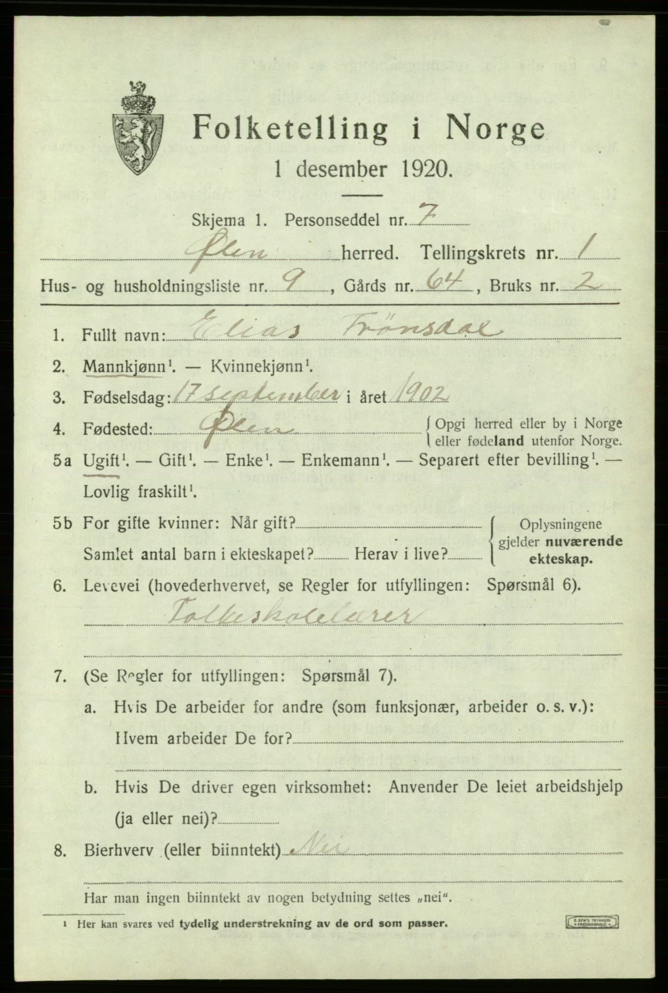 SAB, Folketelling 1920 for 1214 Ølen herred, 1920, s. 833