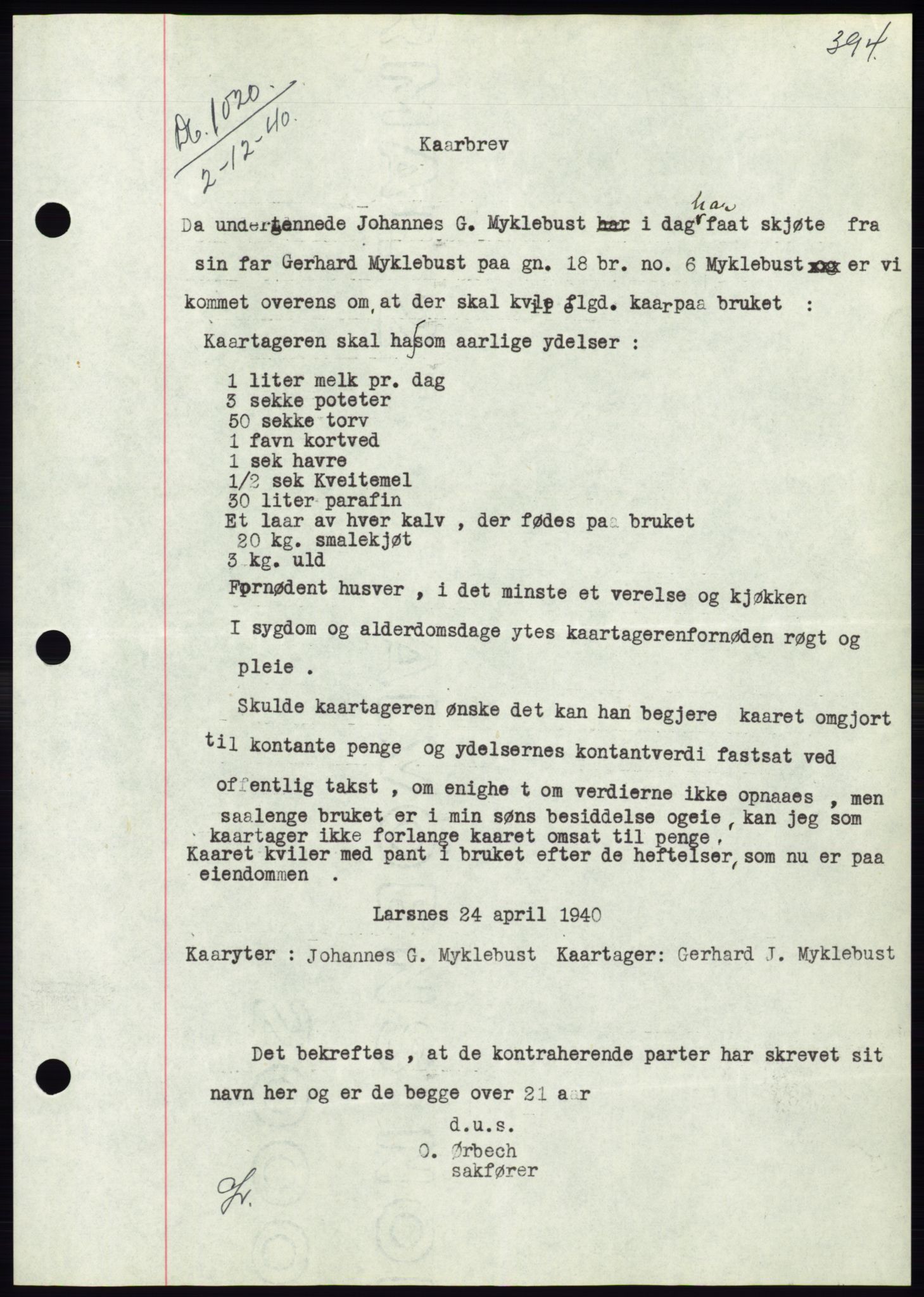 Søre Sunnmøre sorenskriveri, SAT/A-4122/1/2/2C/L0070: Pantebok nr. 64, 1940-1941, Dagboknr: 1020/1940