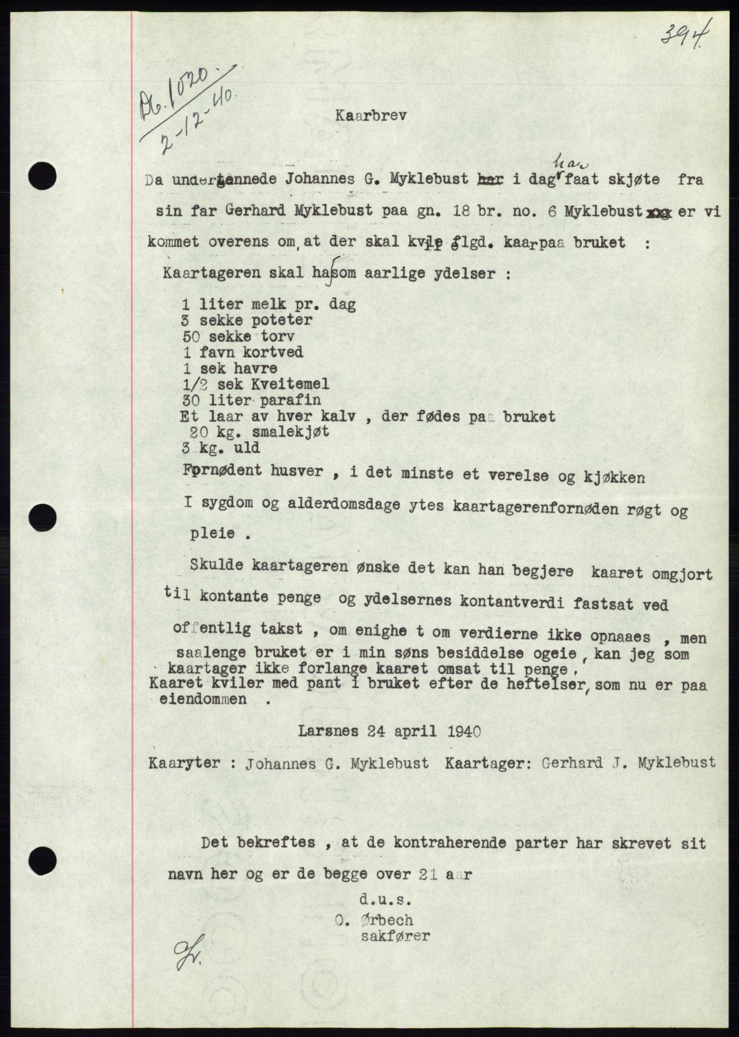 Søre Sunnmøre sorenskriveri, AV/SAT-A-4122/1/2/2C/L0070: Pantebok nr. 64, 1940-1941, Dagboknr: 1020/1940