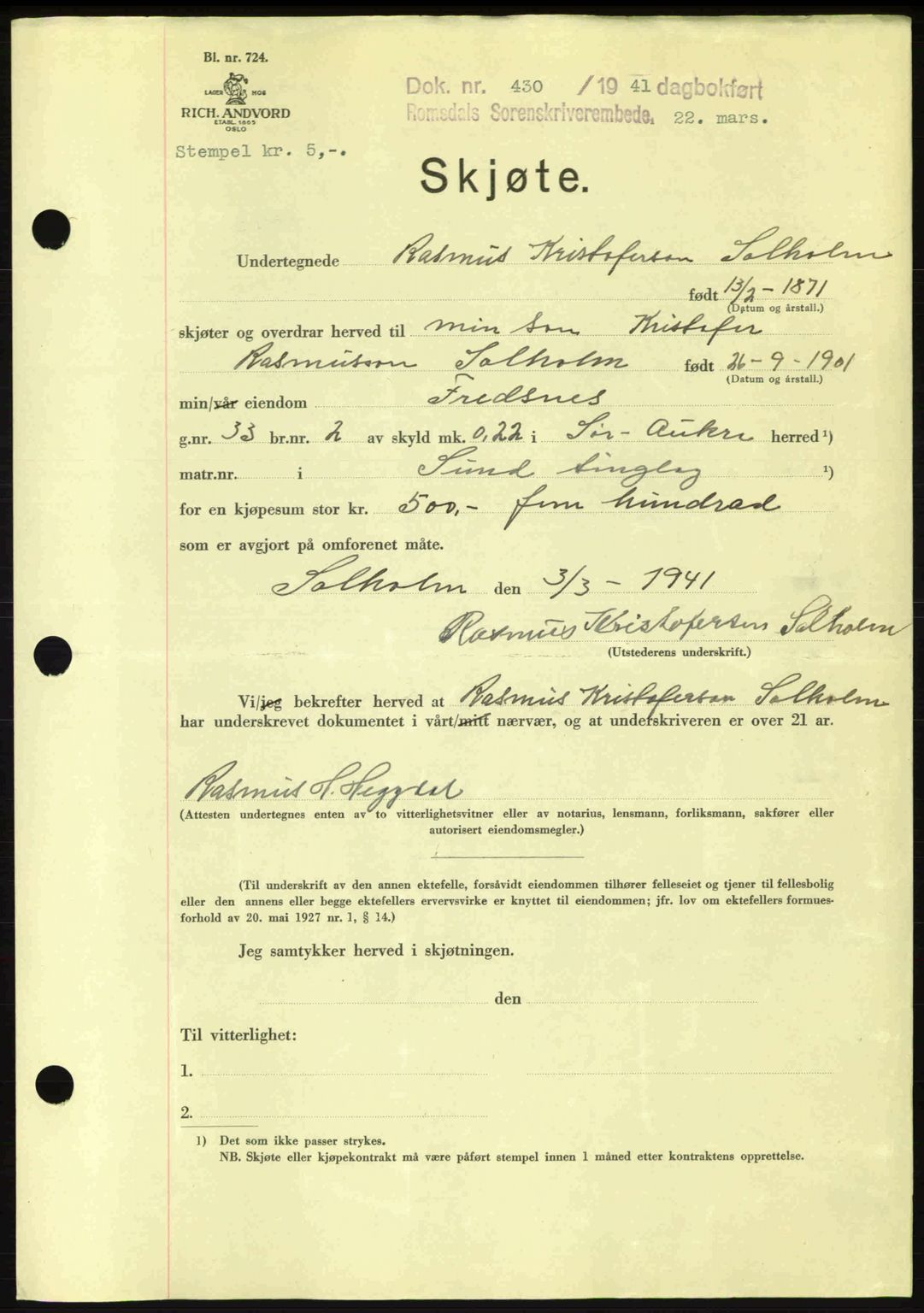 Romsdal sorenskriveri, SAT/A-4149/1/2/2C: Pantebok nr. A9, 1940-1941, Dagboknr: 430/1941
