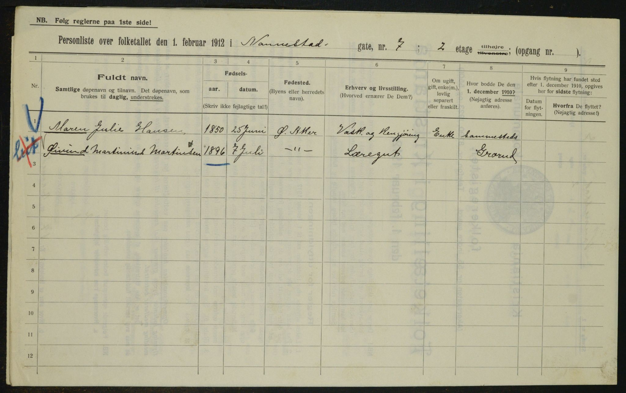 OBA, Kommunal folketelling 1.2.1912 for Kristiania, 1912, s. 69713