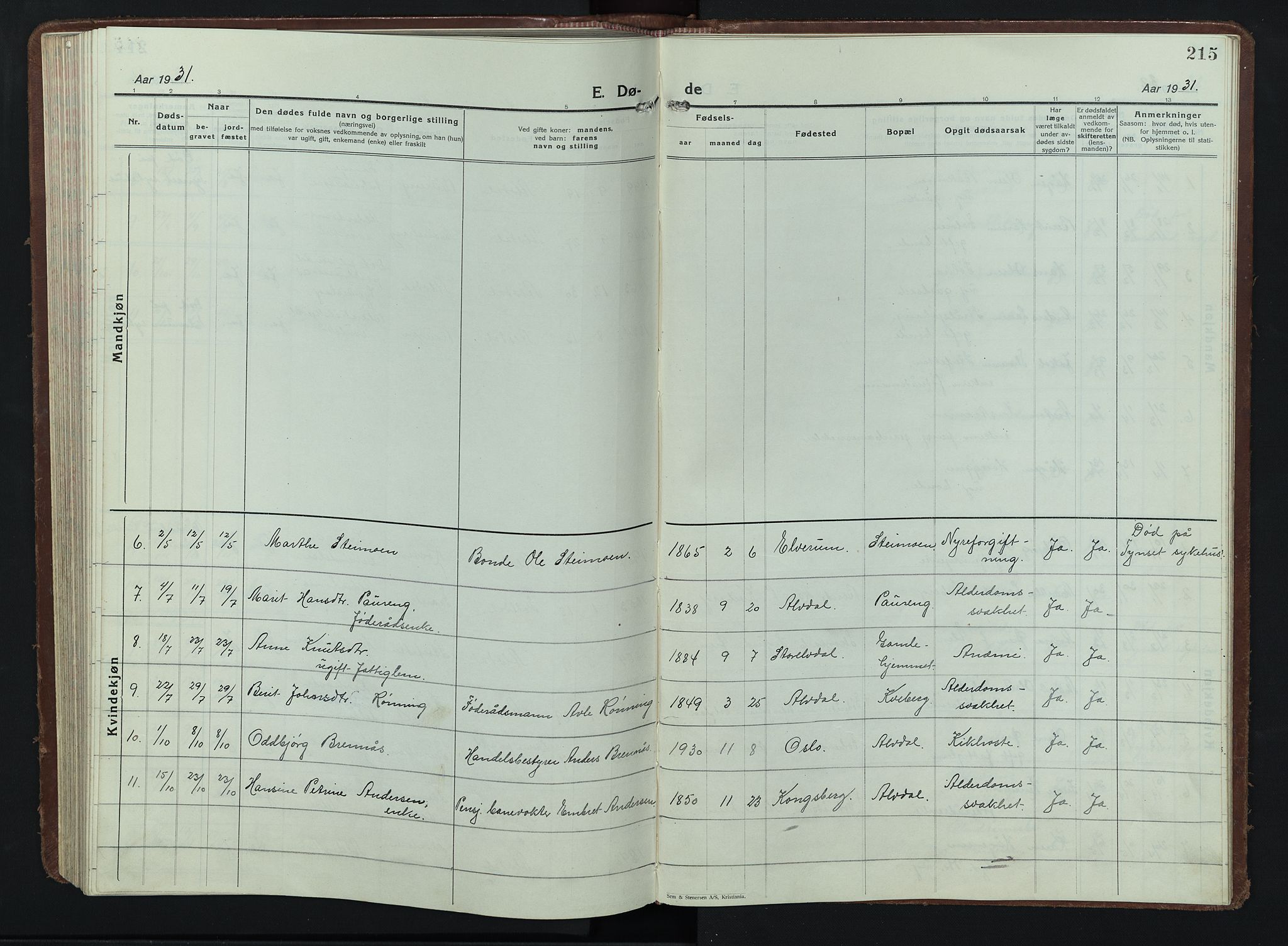 Alvdal prestekontor, AV/SAH-PREST-060/H/Ha/Hab/L0007: Klokkerbok nr. 7, 1924-1945, s. 215