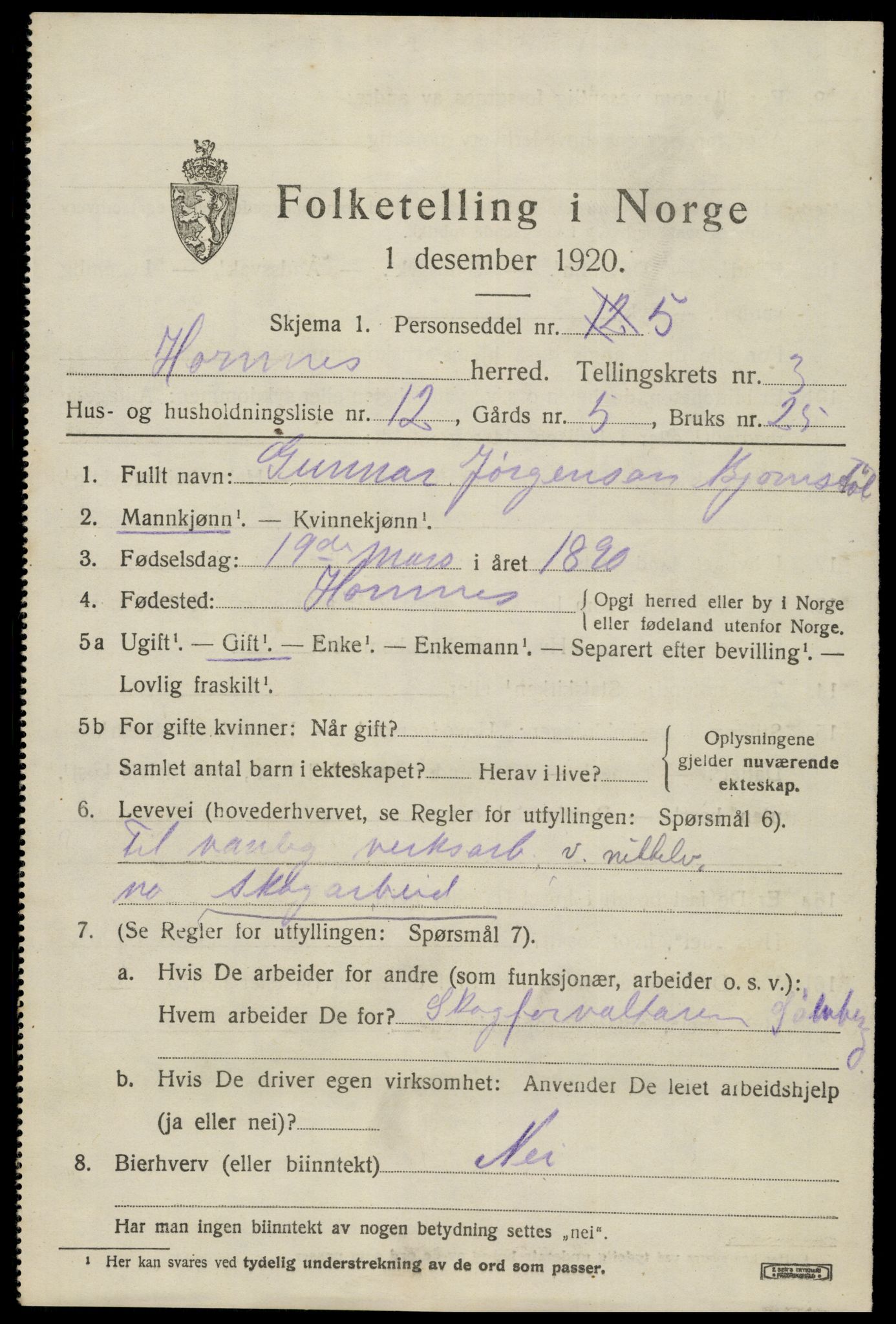 SAK, Folketelling 1920 for 0936 Hornnes herred, 1920, s. 937