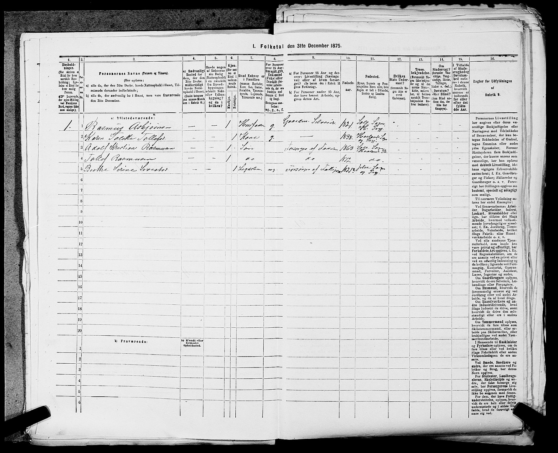 SAST, Folketelling 1875 for 1124P Håland prestegjeld, 1875, s. 62