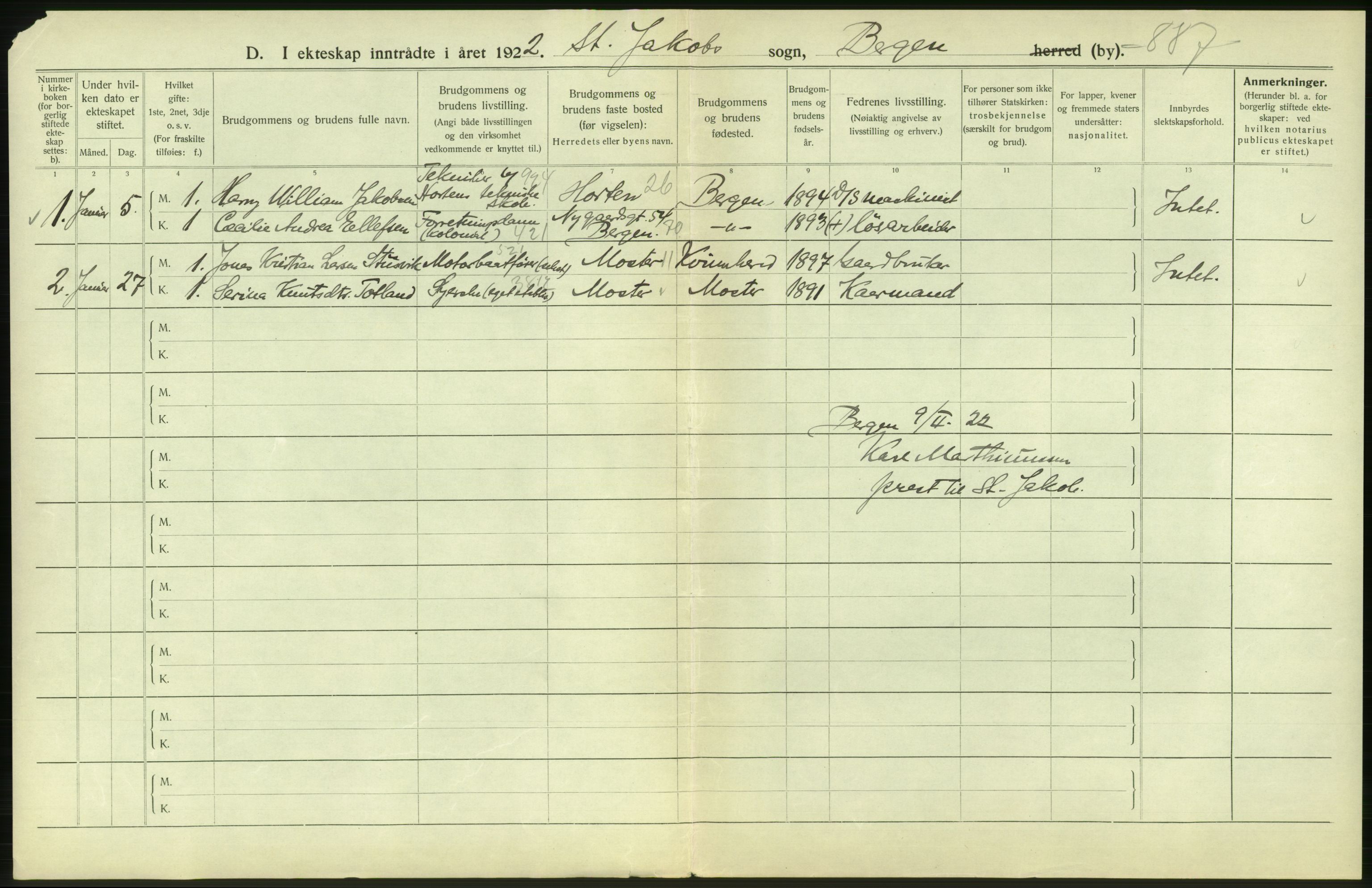 Statistisk sentralbyrå, Sosiodemografiske emner, Befolkning, AV/RA-S-2228/D/Df/Dfc/Dfcb/L0030: Bergen: Gifte, døde, dødfødte., 1922, s. 10