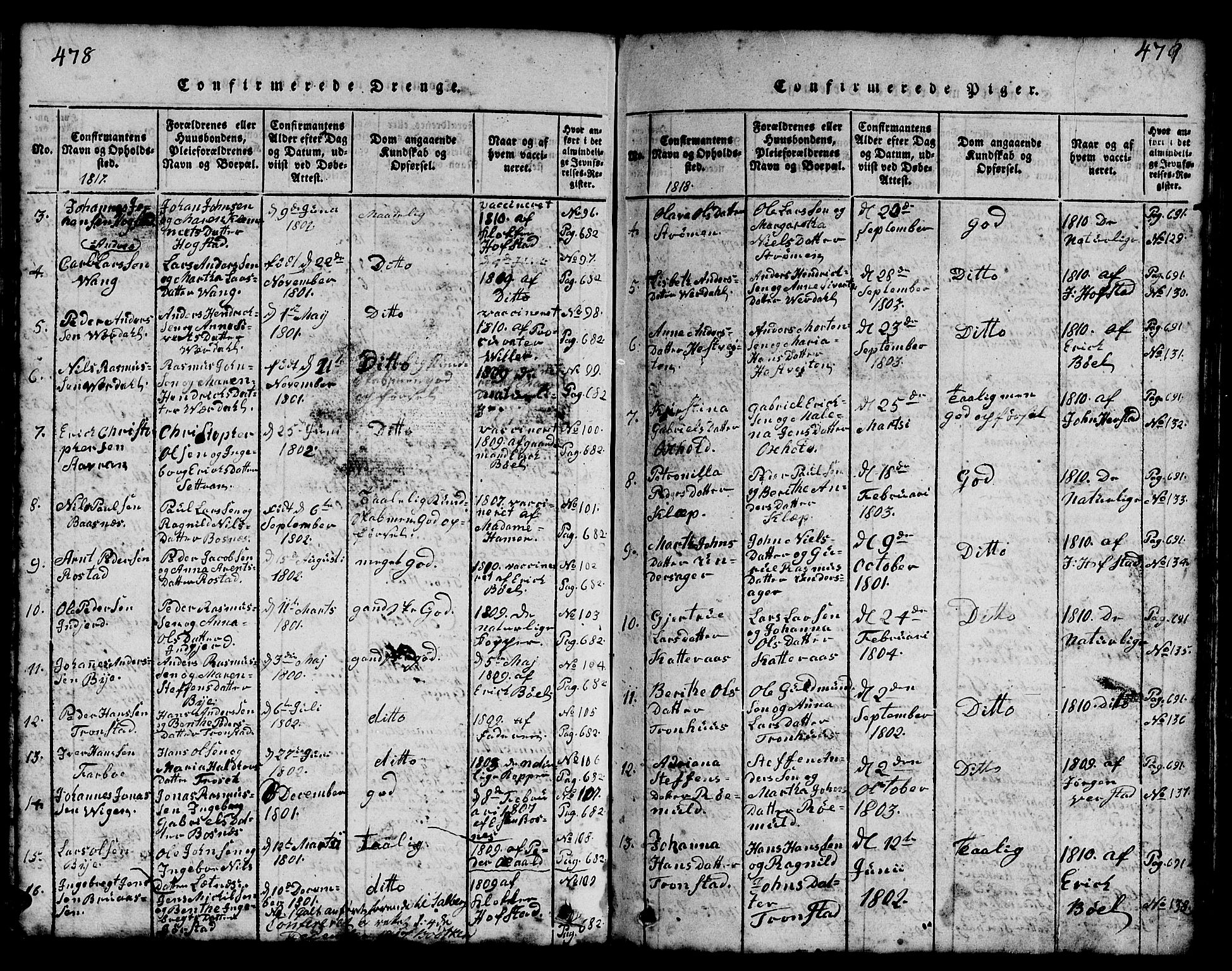 Ministerialprotokoller, klokkerbøker og fødselsregistre - Nord-Trøndelag, SAT/A-1458/730/L0298: Klokkerbok nr. 730C01, 1816-1849, s. 478-479