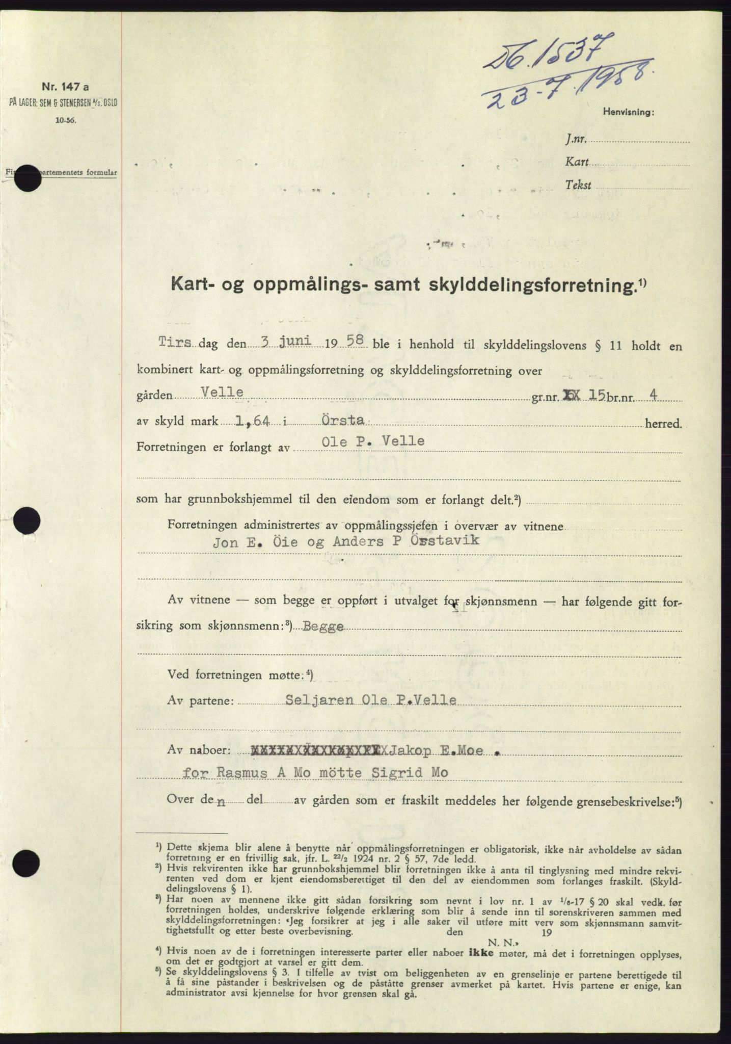 Søre Sunnmøre sorenskriveri, AV/SAT-A-4122/1/2/2C/L0110: Pantebok nr. 36A, 1958-1958, Dagboknr: 1537/1958