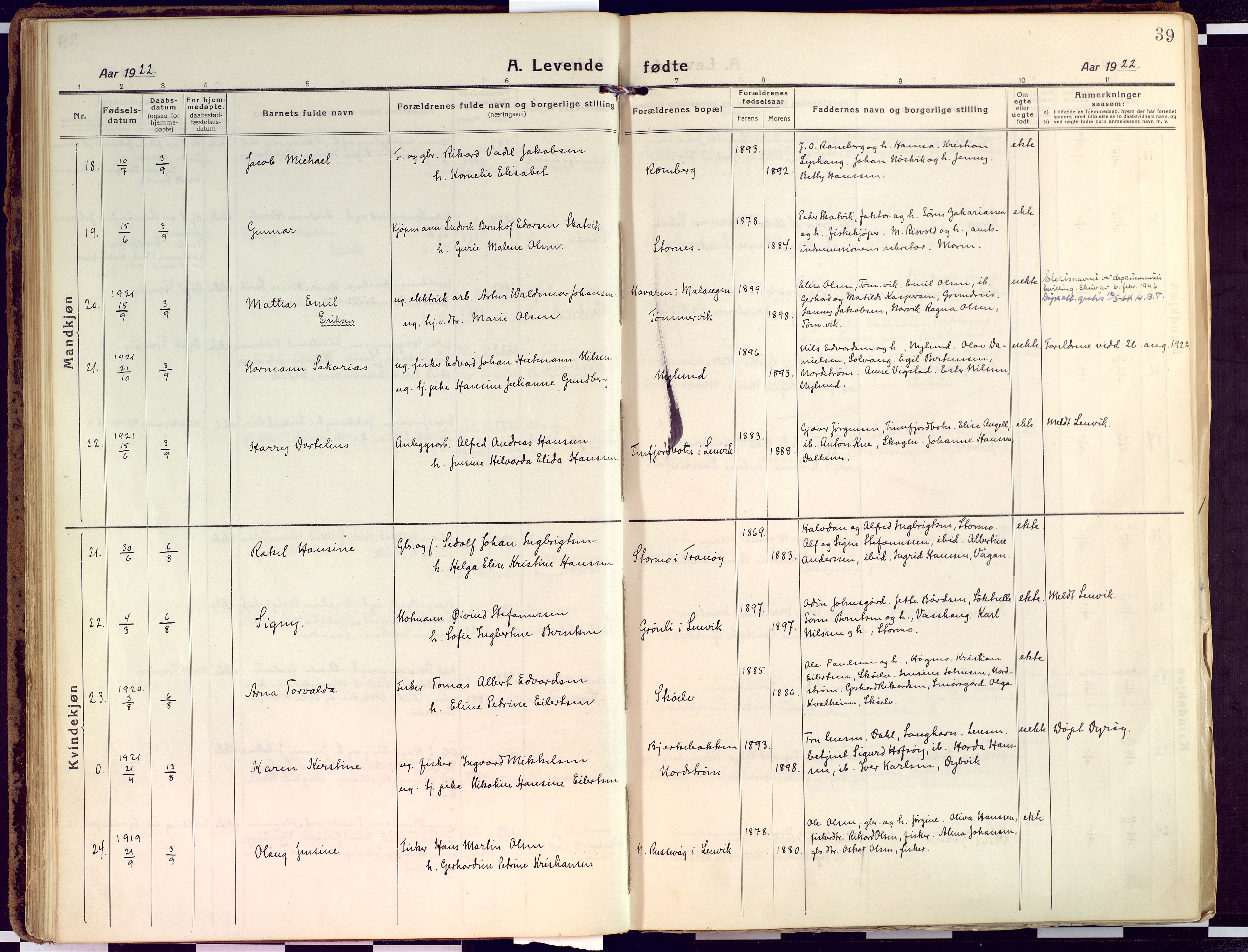 Tranøy sokneprestkontor, AV/SATØ-S-1313/I/Ia/Iaa/L0015kirke: Ministerialbok nr. 15, 1919-1928, s. 39