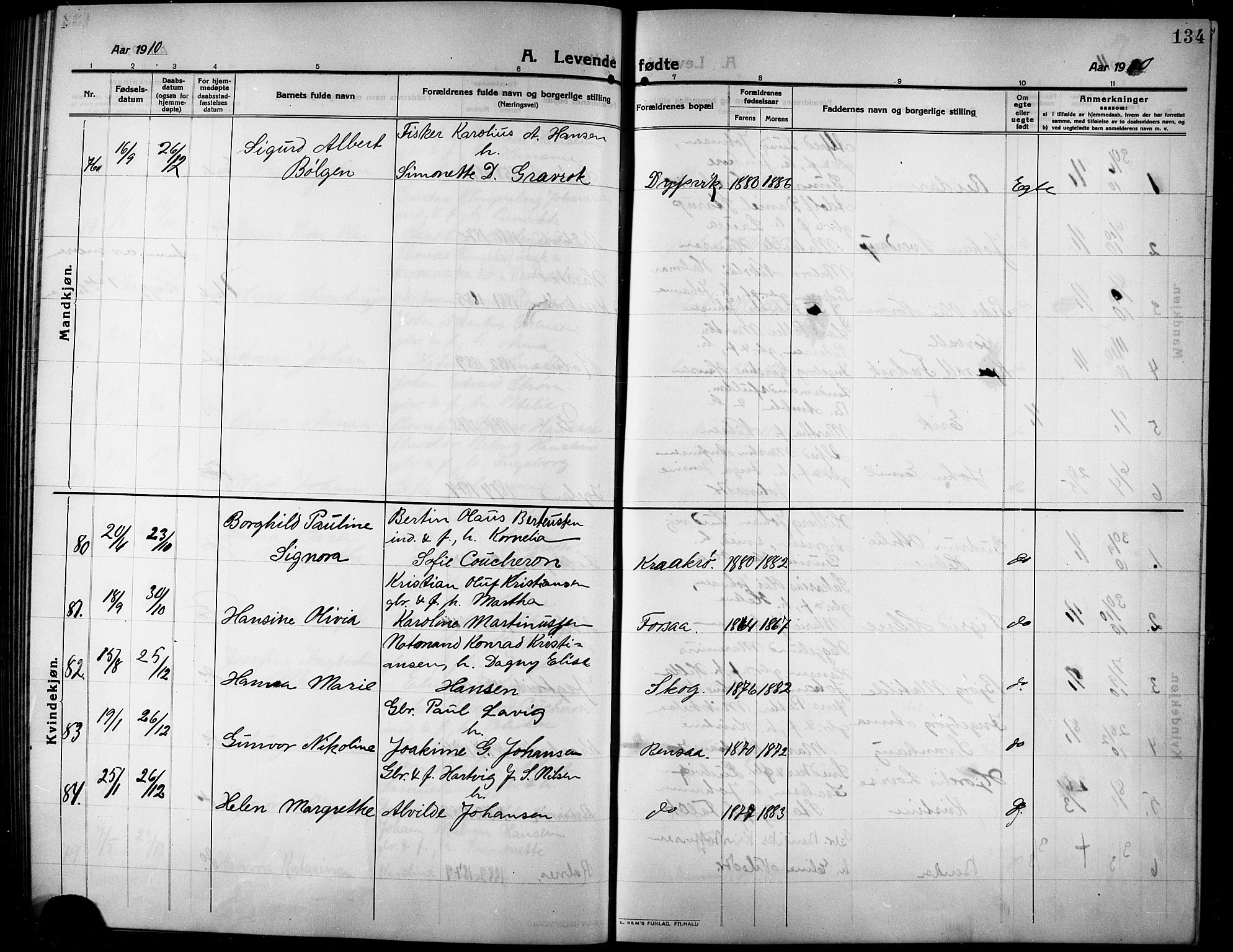 Ibestad sokneprestembete, AV/SATØ-S-0077/H/Ha/Hab/L0009klokker: Klokkerbok nr. 9, 1902-1914, s. 134