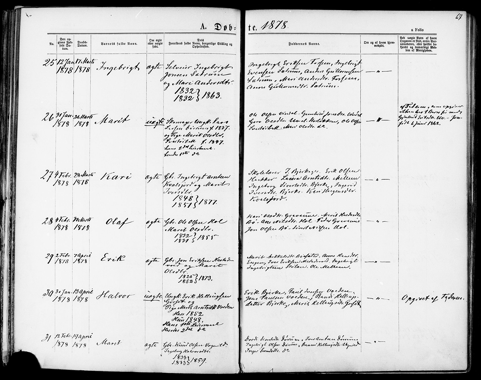 Ministerialprotokoller, klokkerbøker og fødselsregistre - Sør-Trøndelag, AV/SAT-A-1456/678/L0900: Ministerialbok nr. 678A09, 1872-1881, s. 67