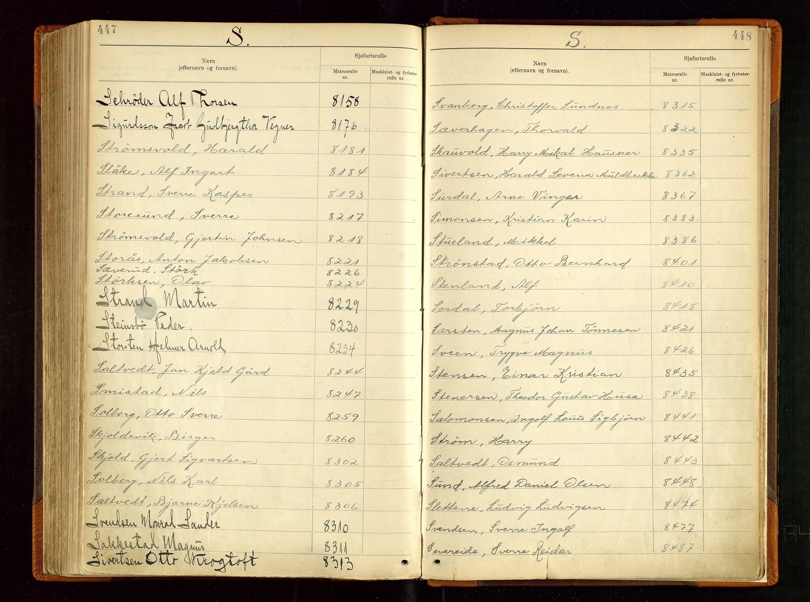 Haugesund sjømannskontor, AV/SAST-A-102007/F/Fb/Fba/L0004: Navneregister med henvisning til rullenummer (etternavn) Haugesund krets, 1860-1948, s. 447-448