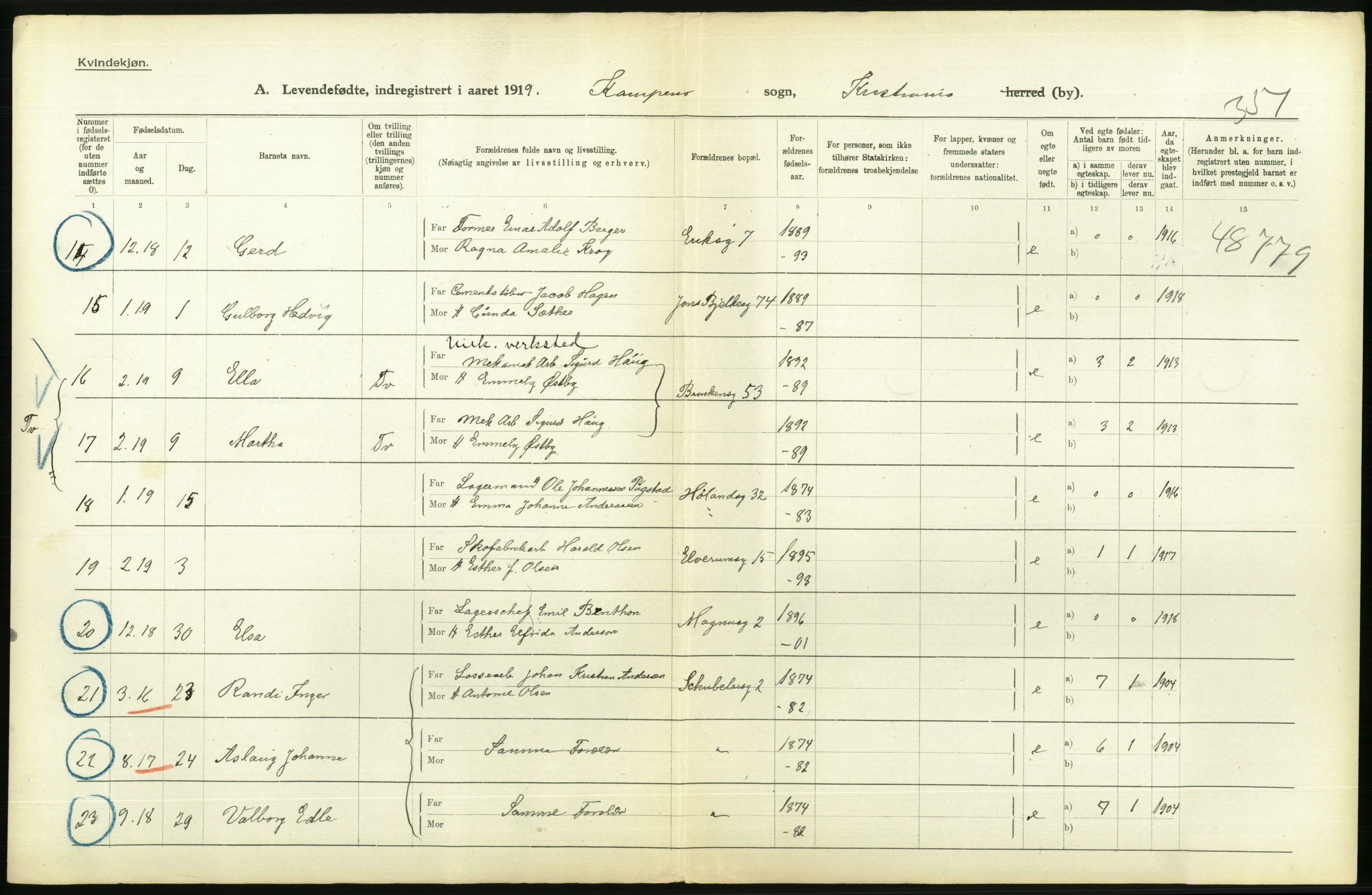 Statistisk sentralbyrå, Sosiodemografiske emner, Befolkning, AV/RA-S-2228/D/Df/Dfb/Dfbi/L0008: Kristiania: Levendefødte menn og kvinner., 1919