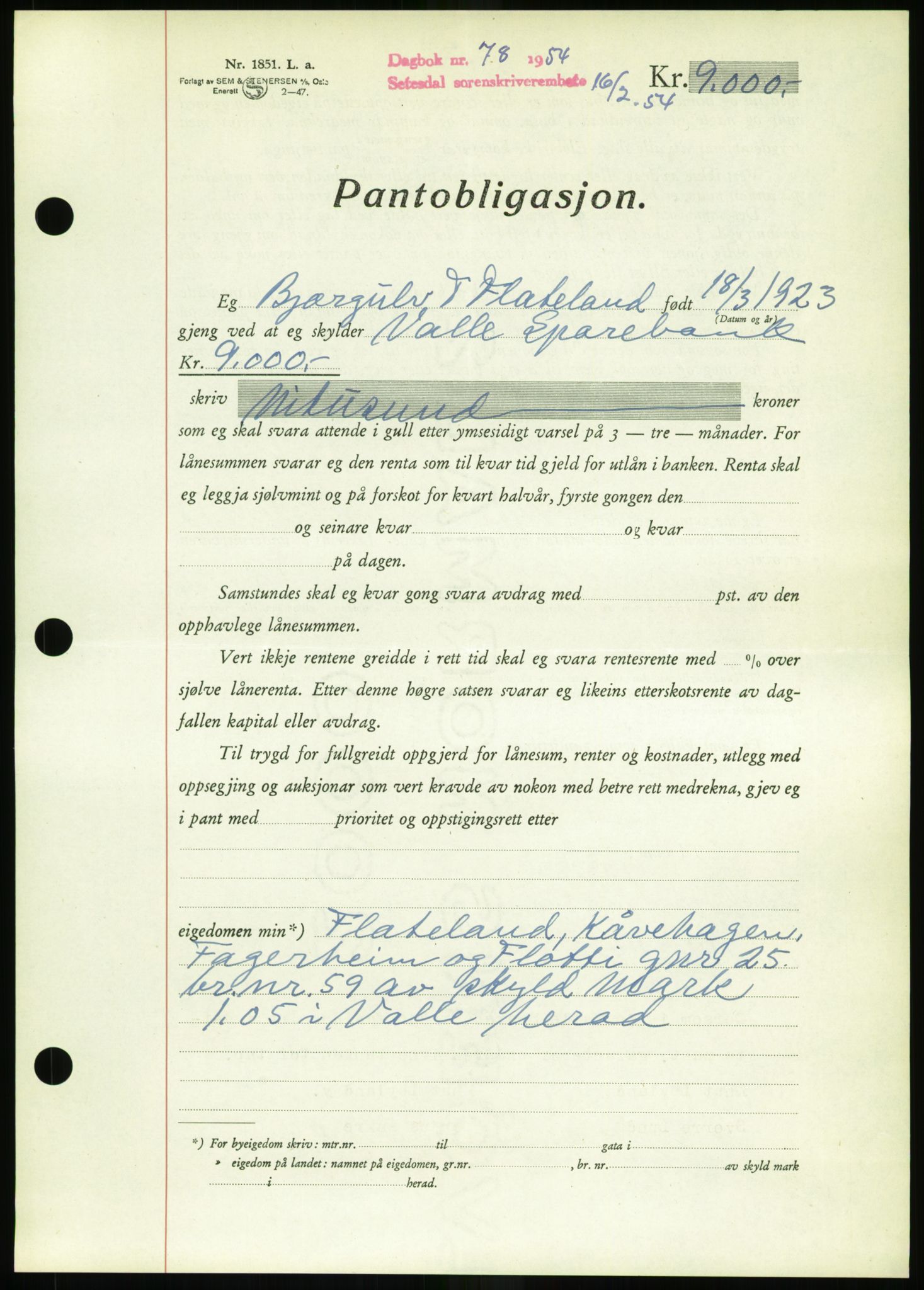 Setesdal sorenskriveri, SAK/1221-0011/G/Gb/L0052: Pantebok nr. B 40, 1954-1955, Dagboknr: 78/1954