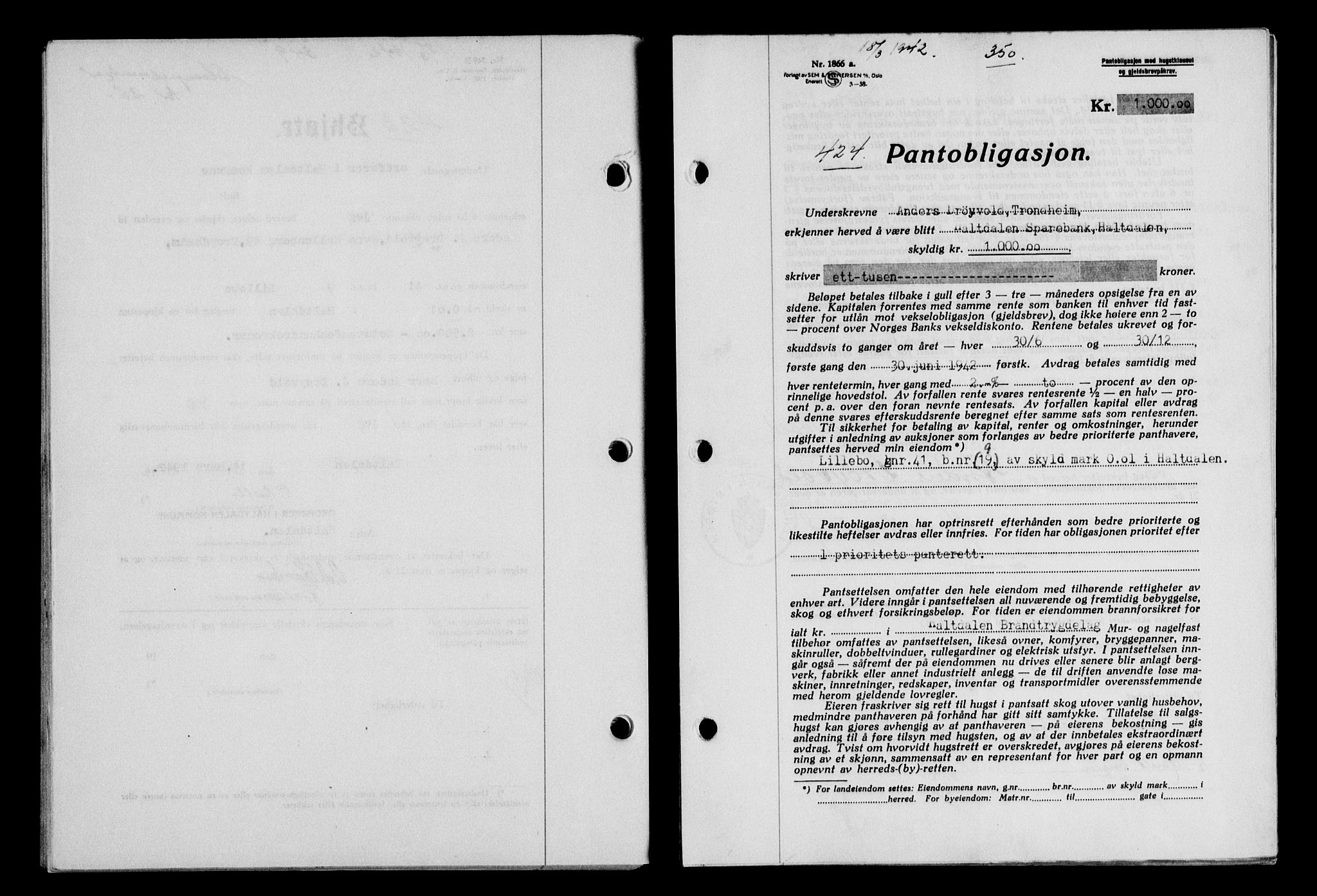 Gauldal sorenskriveri, SAT/A-0014/1/2/2C/L0054: Pantebok nr. 59, 1941-1942, Dagboknr: 424/1942