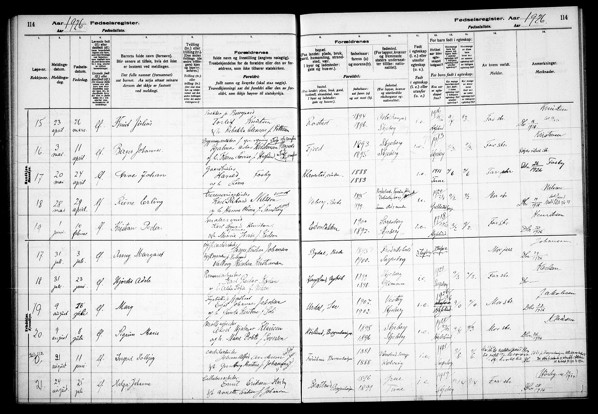Skjeberg prestekontor Kirkebøker, AV/SAO-A-10923/J/Jd/L0001: Fødselsregister nr. IV 1, 1916-1935, s. 114