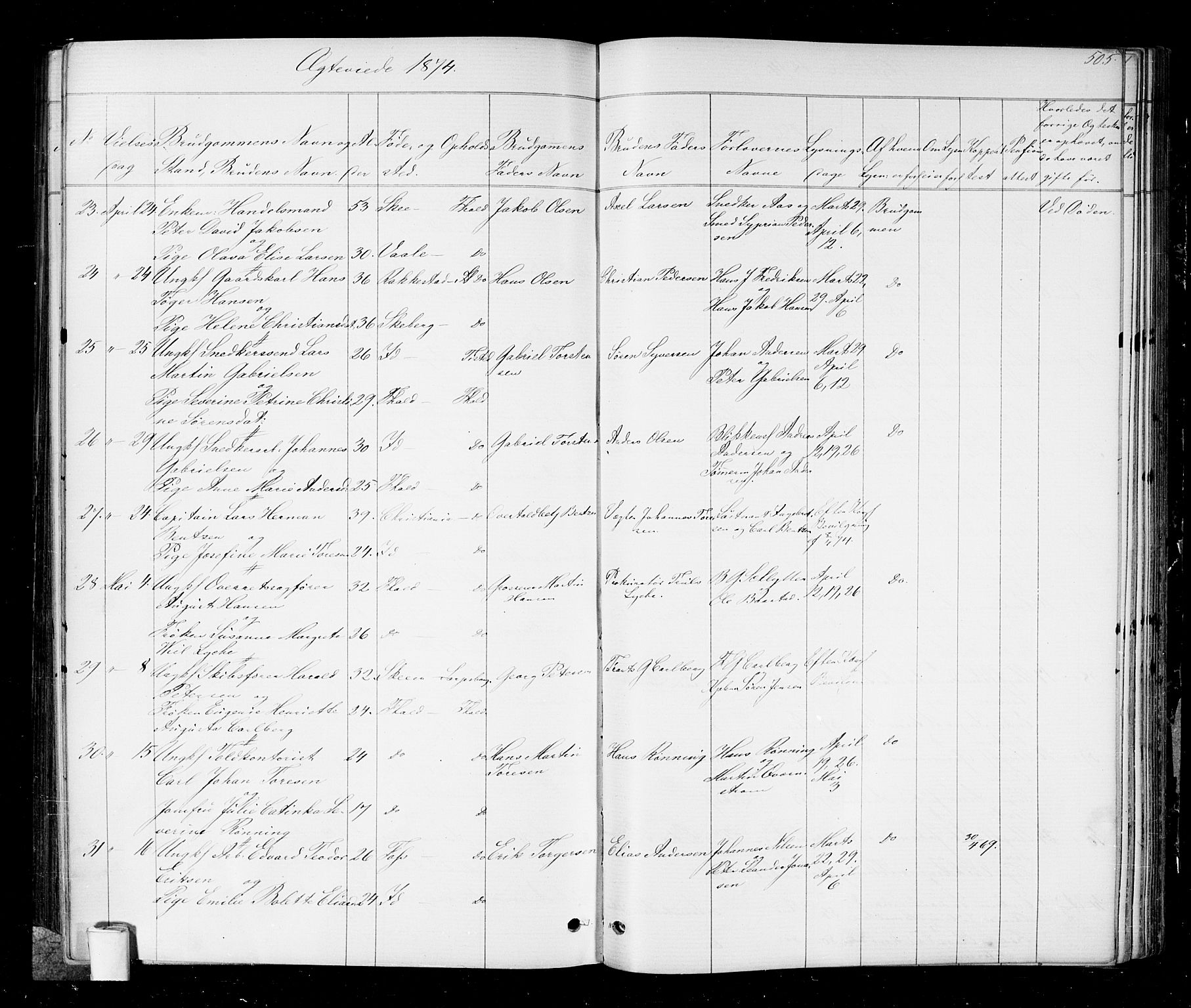 Halden prestekontor Kirkebøker, AV/SAO-A-10909/G/Ga/L0006: Klokkerbok nr. 6, 1869-1884, s. 505