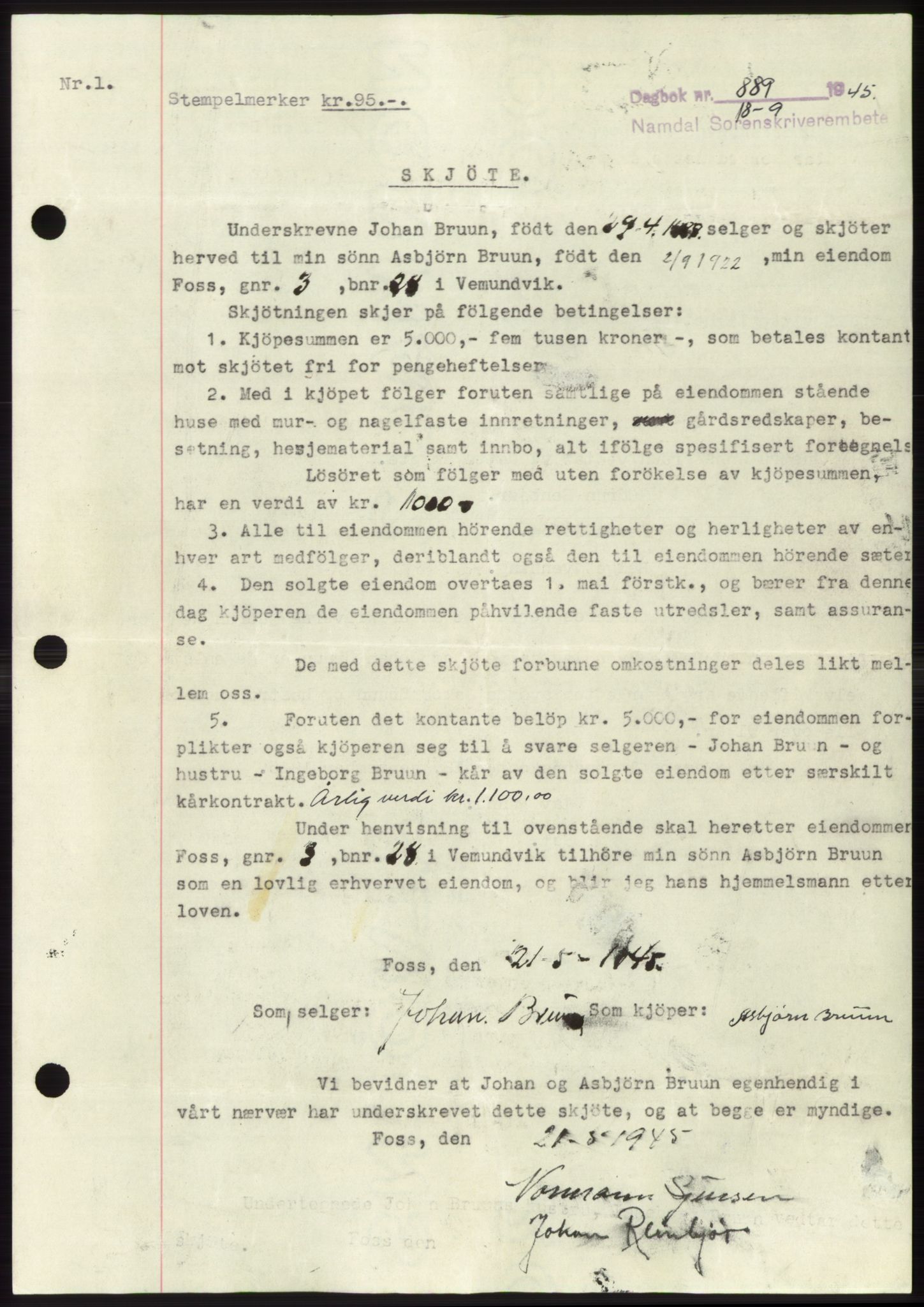 Namdal sorenskriveri, SAT/A-4133/1/2/2C: Pantebok nr. -, 1944-1945, Dagboknr: 889/1945
