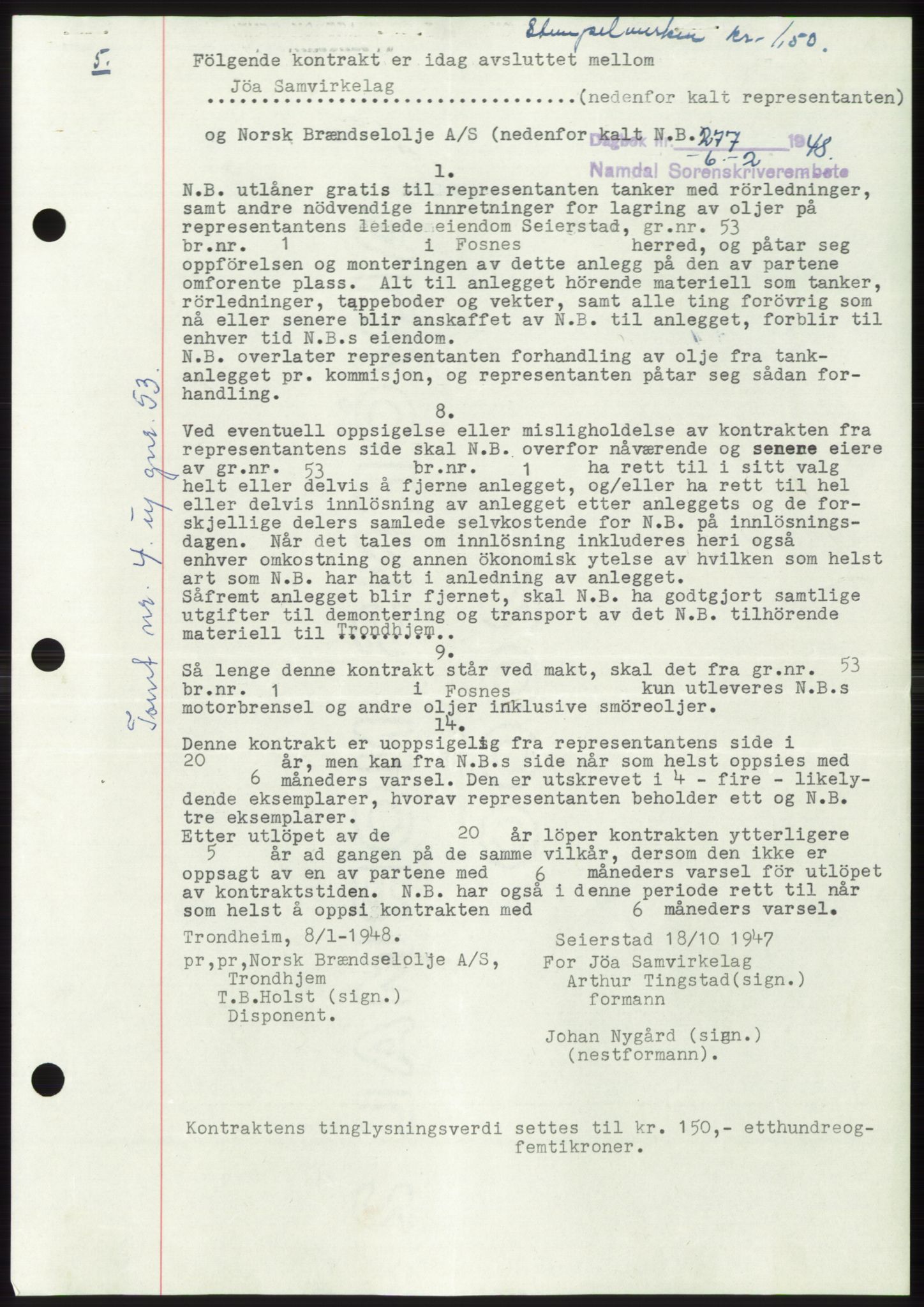 Namdal sorenskriveri, SAT/A-4133/1/2/2C: Pantebok nr. -, 1947-1948, Dagboknr: 277/1948