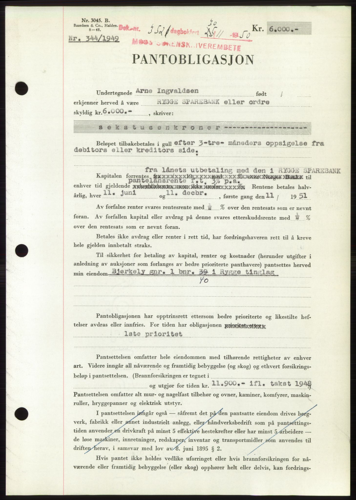 Moss sorenskriveri, SAO/A-10168: Pantebok nr. B25, 1950-1950, Dagboknr: 3521/1950
