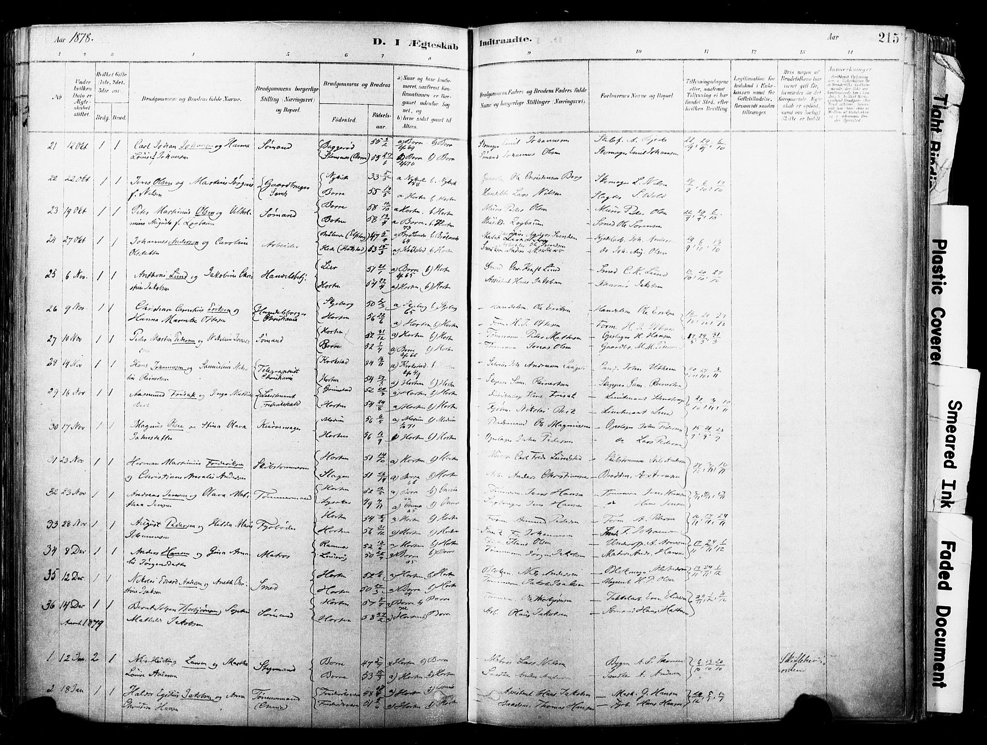 Horten kirkebøker, AV/SAKO-A-348/F/Fa/L0003: Ministerialbok nr. 3, 1878-1887, s. 215