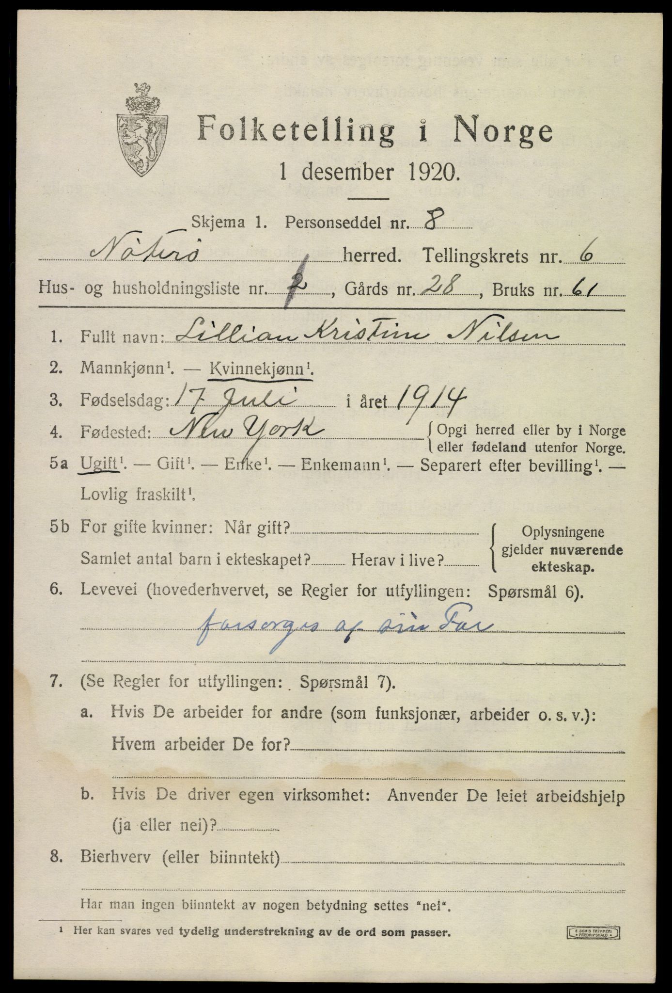 SAKO, Folketelling 1920 for 0722 Nøtterøy herred, 1920, s. 8447
